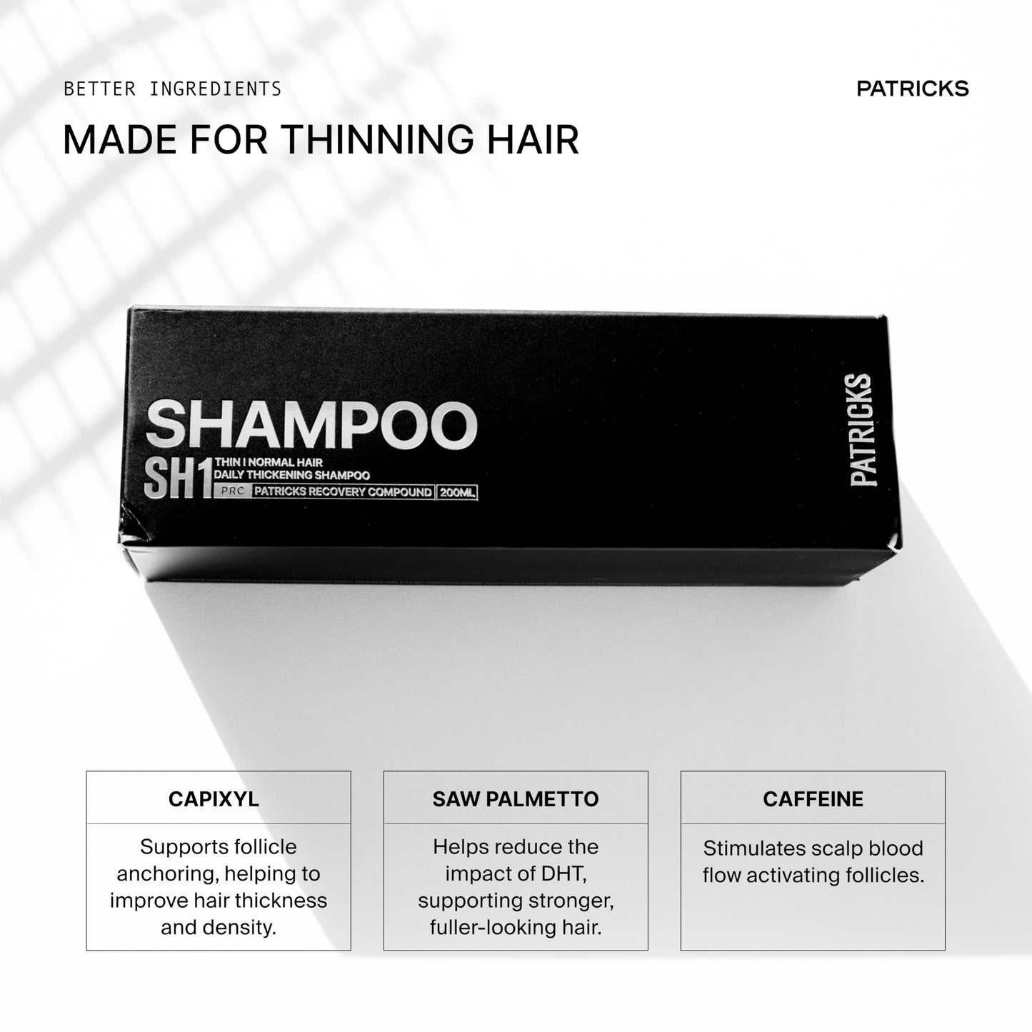 PATRICKS SH1 Daily Thickening Shampoo for Men - Supports Hair Density, Fuller Volume & Scalp Health - With Capixyl™, Caffeine & Saw Palmetto, 6.80 fl oz