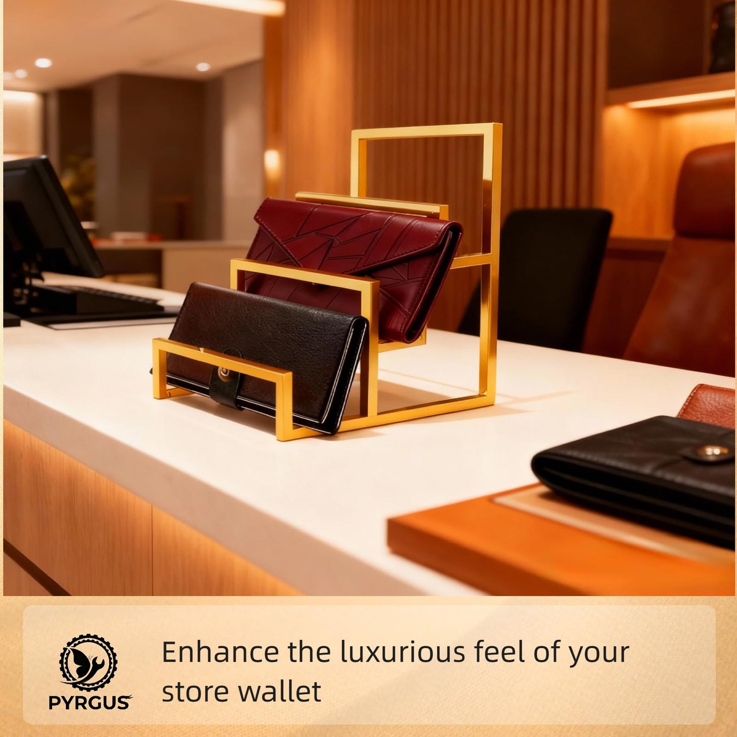 3-Tier Purse Display Stand, Gold Metal Wallet Display Rack, 2 Pack, 3 Layer