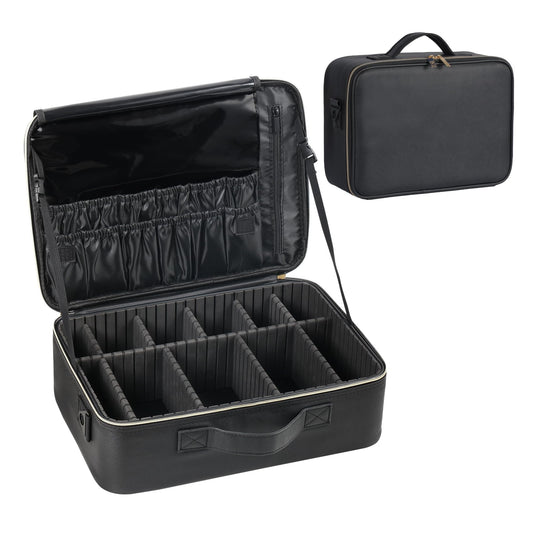Makeup Travel Case, 16 Inch Makeup Artist Bag with Compartment and Dividers, Portable Cosmetic Bag for Women with Brush Storage Sturdy Dual Zip Closure, Waterproof, Durable, Gift for Her, Black