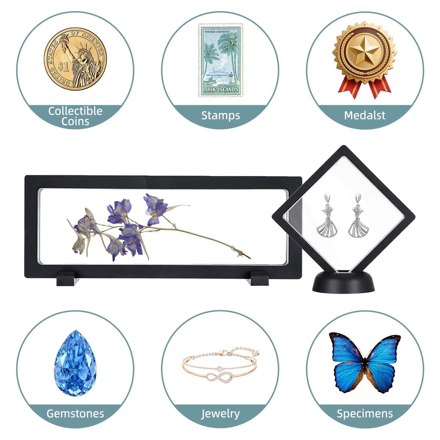 YUX-DTDSU 15 Pack 3D Floating Frame with Bases, Transparent PE Display Case, Black Challenge Coin Display Stand Holder, Large Suspension Jewelry Storage Boxes for Medals, Specimen, Medallions, Stamps