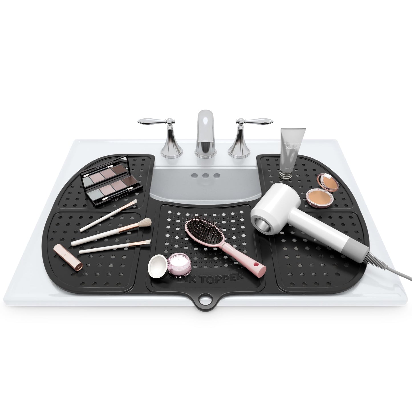 Sink Topper Bathroom Counter Cover & Storage Saver, Foldable Silicone Mat for Hot Tools, Hair Styling & Makeup, Beauty Brush Cleaning Mat, RV Camper Sink Cover & for Small Spaces (Large Black)