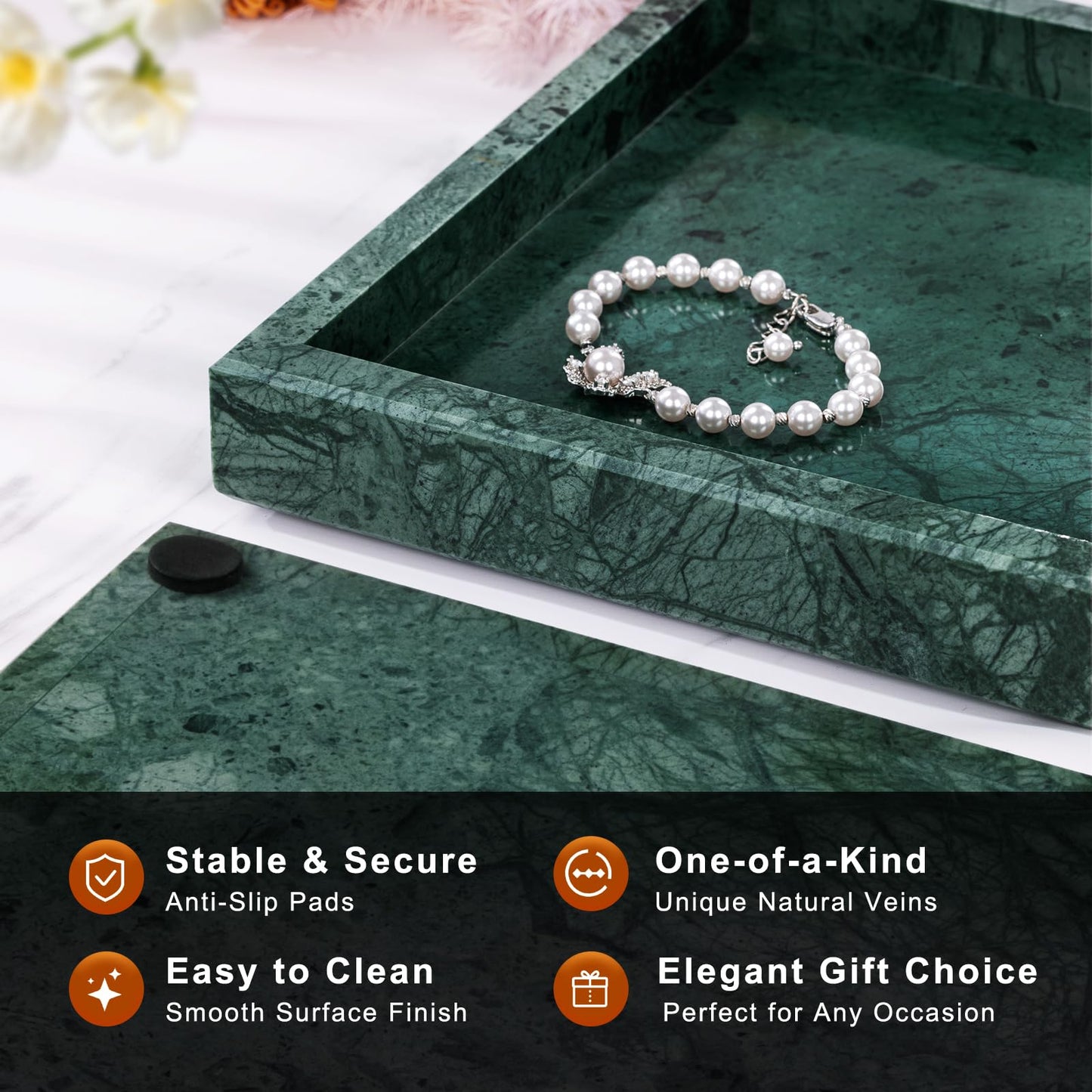 Homaura Marble Bathroom Tray for Countertop & Home Decor, Natural Decorative Marble Tray for Jewelry & Perfume Organizer, Luxury Stone Vanity Trays for Dresser, Kitchen Counter, 12" x 8", Green