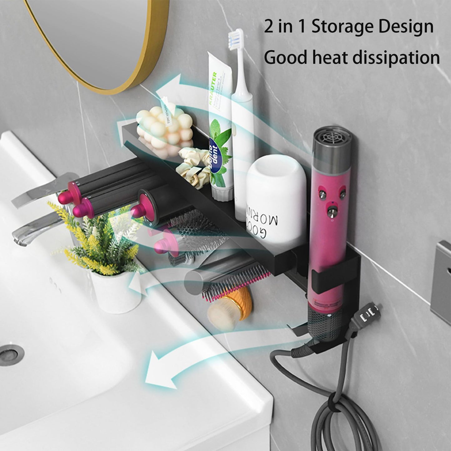 KLroad Aluminum Hair Tool Organizer Wall Mount & Countertop Hair Dryer Holder for Dyson Airwrap Styler and Supersonic Hair Dryer with 7 Slots Bathroom Accessories Rack