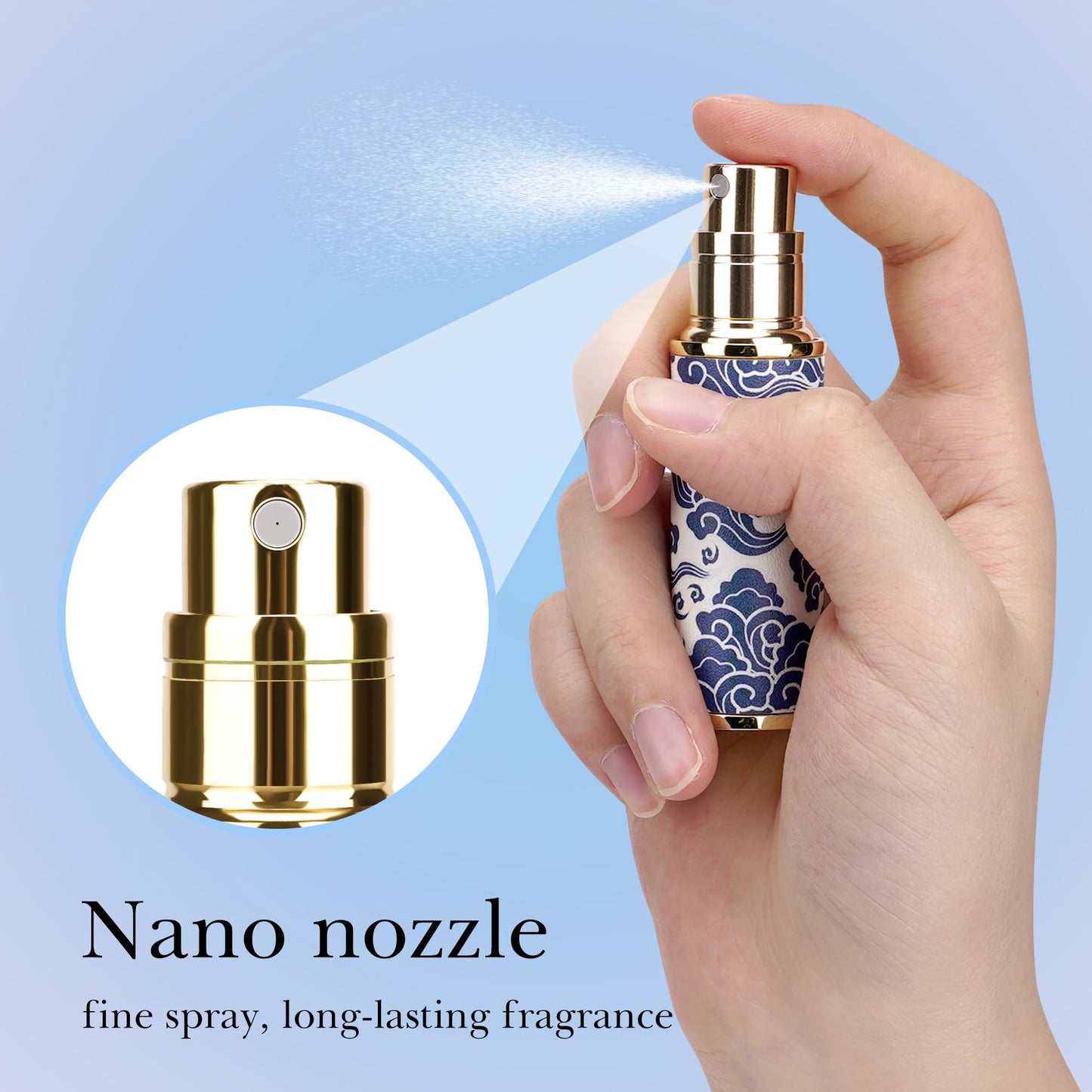 LUEXBOX Portable Perfume Bottle for Travel, Mini Refillable Perfume Dispenser, 5ml Faux Leather Leak Proof Perfume Atomizers, Blue and White Bottles Sprayer for Pocket Perfume (Blue Cloud)