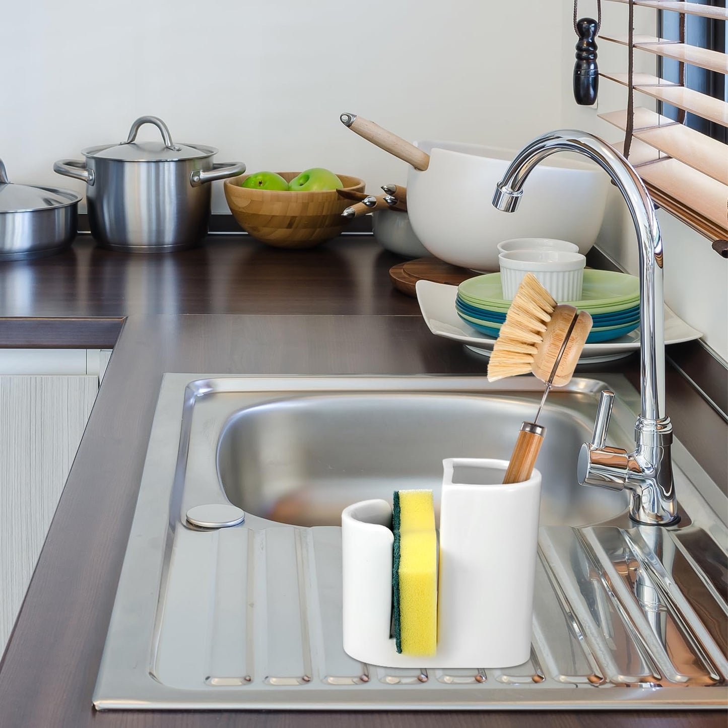 Geelin 2 in 1 Ceramic Kitchen Sink Caddy Dish Sponge Holder and Scrub Brush Holder for Kitchen Organizer Rustic Farmhouse Supplies(White,Simple)