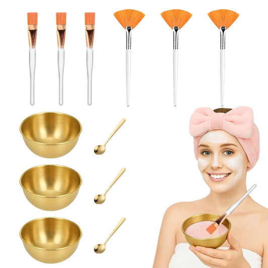 12 Pcs Facial Supplies Estheticians 3 Gold Bowls Stainless Steel 3 Gold Spoons Stainless Steel 3 Facial Fan Brushes 3 Face Mask Applicator Brush for Women Facials Spa Supplies Estheticians