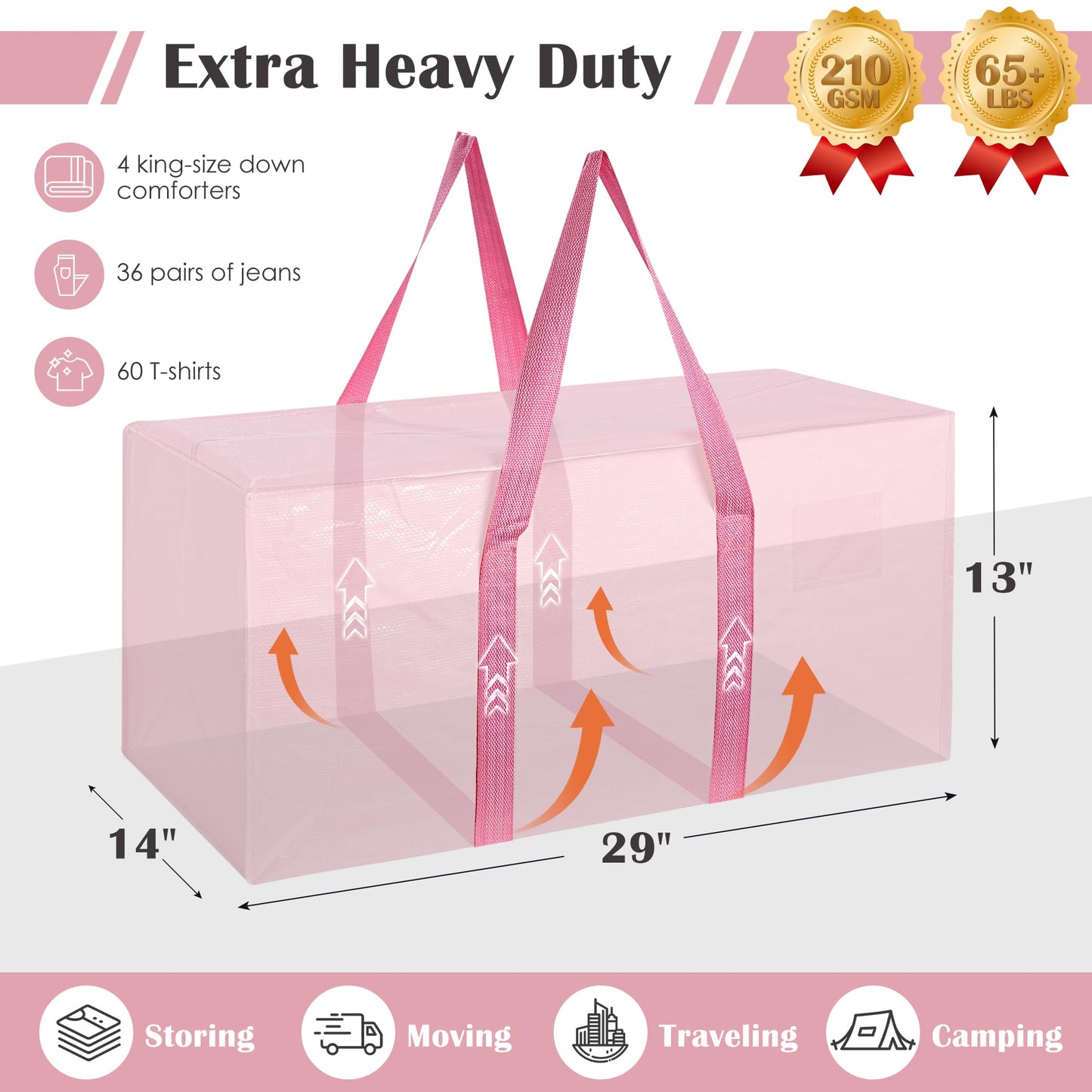 RMOHRO 6 Pack Moving Bags with Full-Open Side Zipper, Extra Large 93L Heavy Duty Waterproof Foldable Storage Totes for College Dorm, Moving & Home Organization Pink