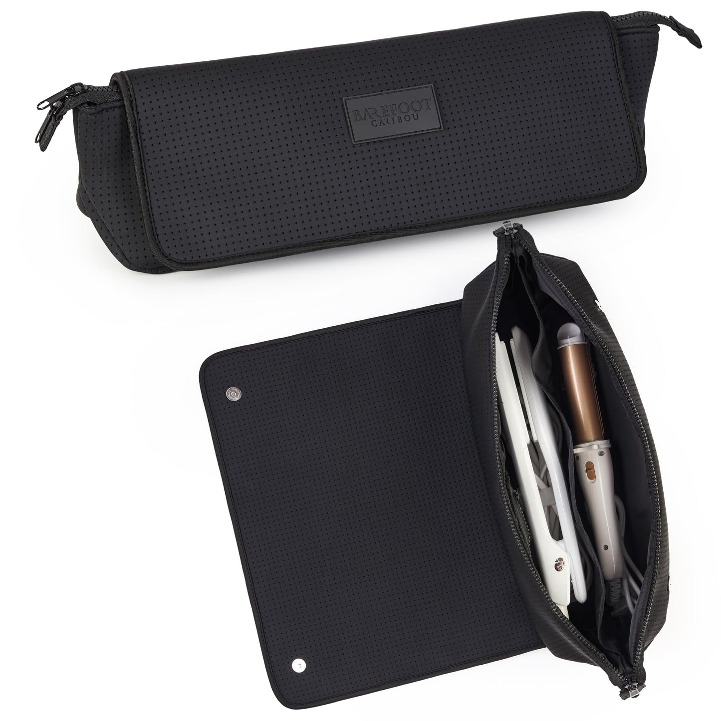 BAREFOOT CARIBOU Hair Tools Travel Bag and Heat Resistant Mat (15.5") for Flat Irons, Straighteners, Curling Iron, and Haircare Accessories, 2-in-1 design, Interior Pockets, Organizer (Mesh Black)