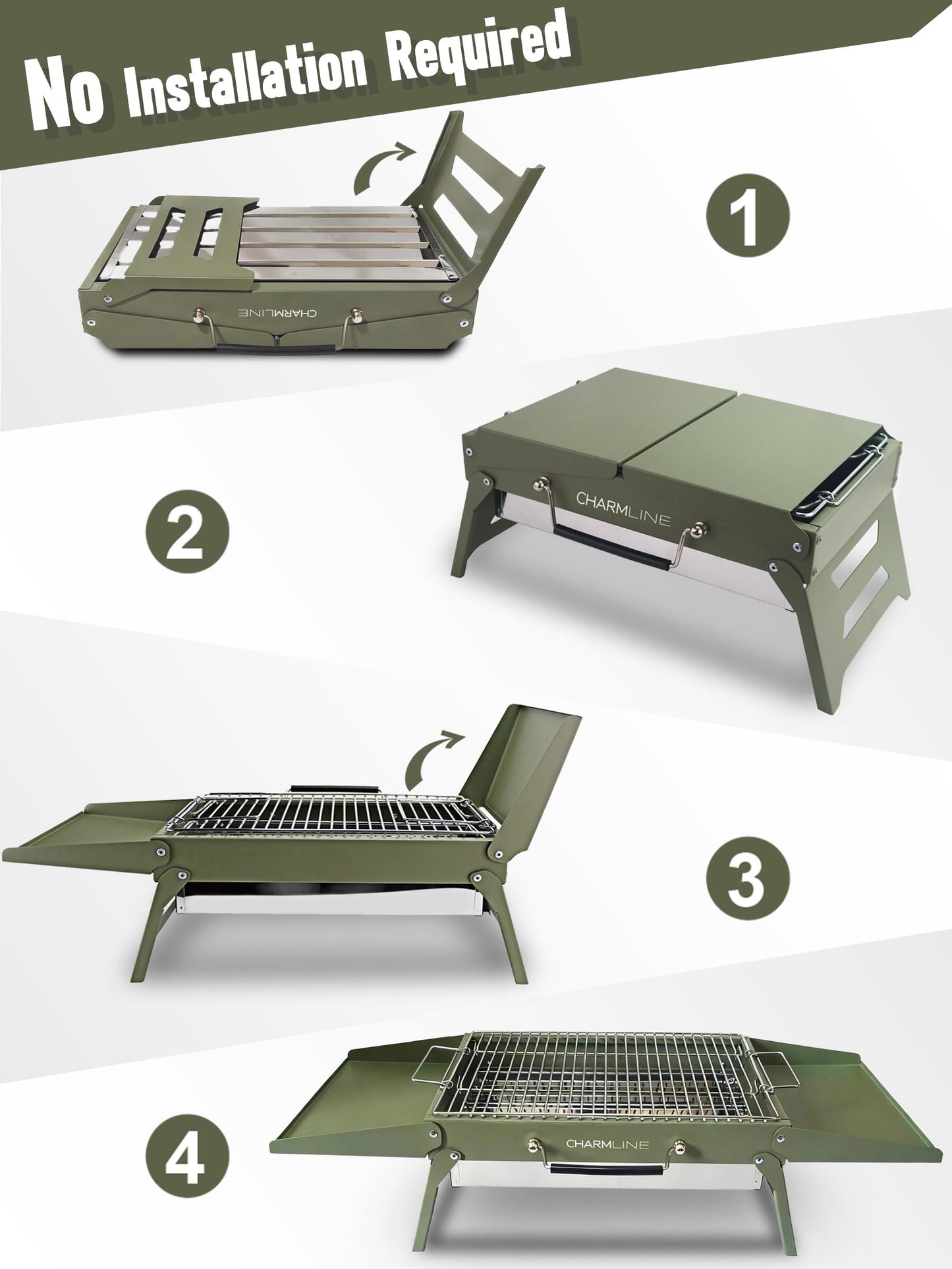 Charmline 15 x 11 inches Portable Charcoal BBQ Grill, Foldable Compact Camping Barbecue for 2–4 People, Ideal for Garden, Beach, Picnic & Tabletop Use, Green