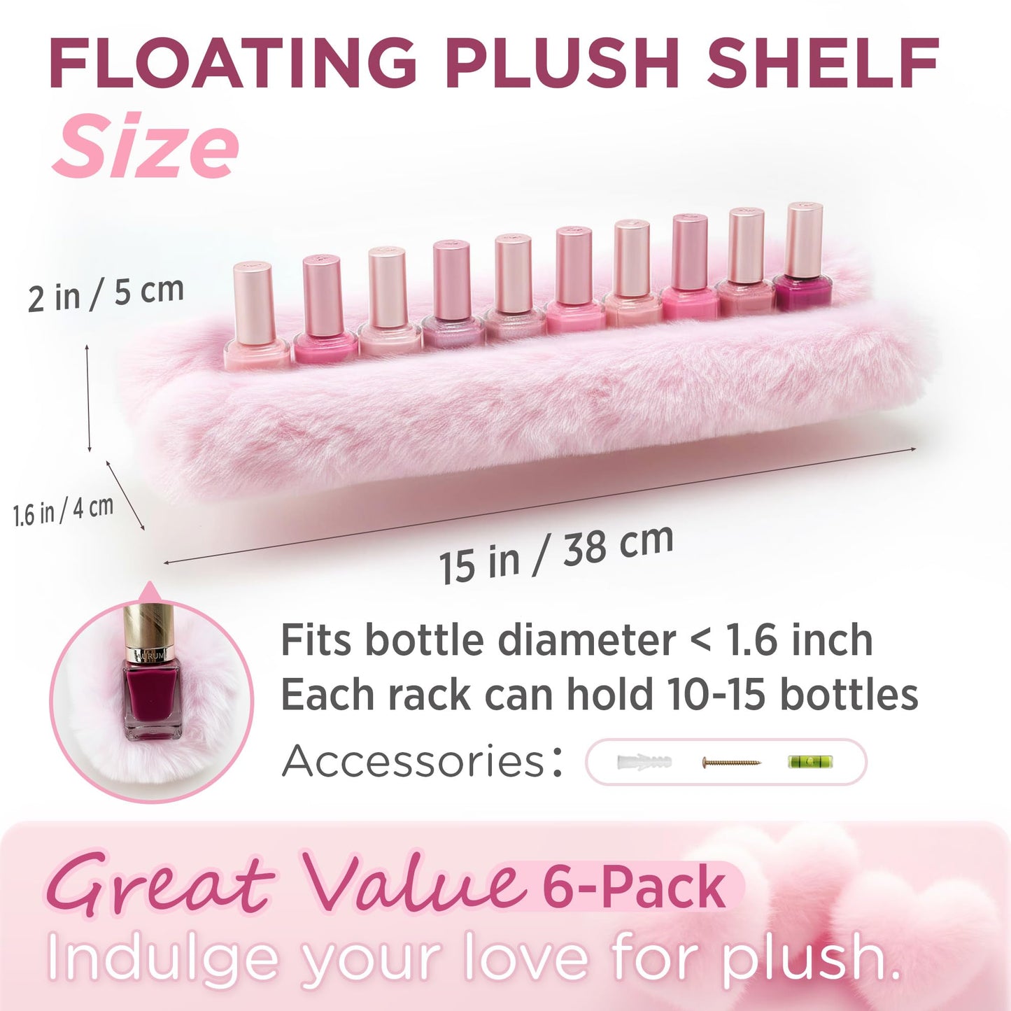 YMVV Nail Polish Wall Shelf - 15-Inch Furry Plush Display & Organizer Rack, Holds 60+ Polishes, Soft Ledge for Bedroom, Bathroom, Salon - Protects Bottles from Scratches，6 Pack Pink