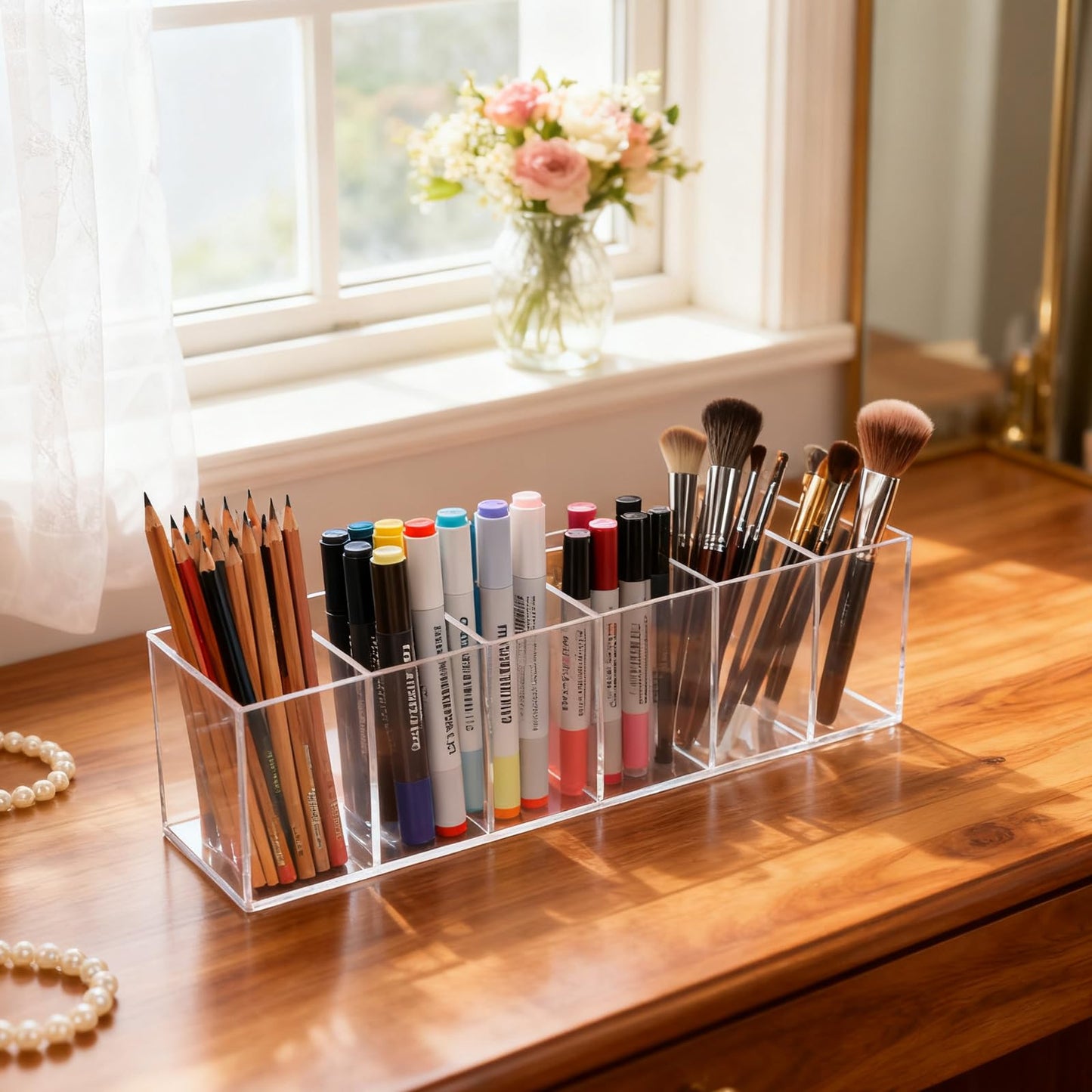 PEDOBALI 5 Pcs Clear Pencil Holder 6 Compartments Acrylic Cosmetic Brush Storage Box Pencil Cup Stationery Holder Makeup Brush Organizer for Bathroom Kitchen Dorm Office Desk Accessories