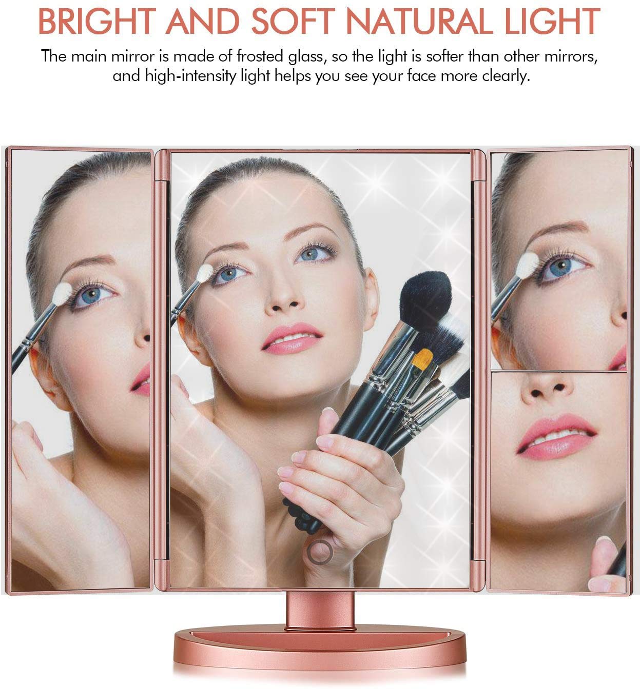 Infitrans Trifold Makeup Mirror Vanity Mirror with Lights,1X 2X 3X Magnification,Touch Control,Adjustable Rotation,Dual Power Supply,Portable Travel Cosmetic Mirror,Birthday Gifts for Women,Teengirls