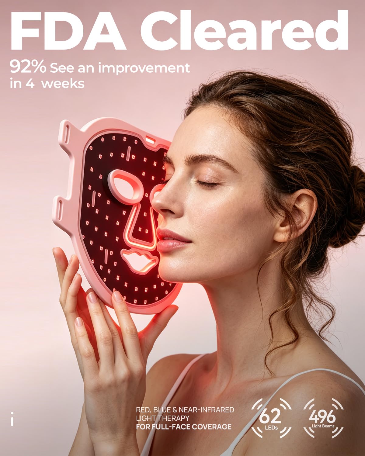 VIVCHIC LED Face Mask, FDA Cleared Red Light Therapy Mask with 62 LEDs & 496 Light Beams for Full Face Coverage, 630nm Red & 850nm Near Infrared Light, Anti Aging Skin Care Device