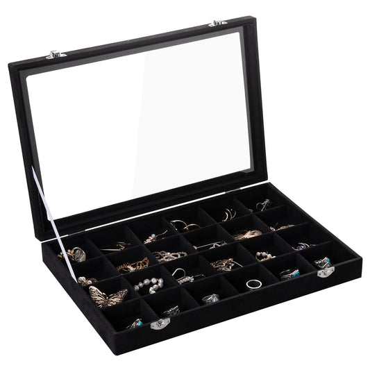 Frebeauty Velvet Jewelry Tray,24 Grid Jewelry Organizer with Clear Lid,Earring Holder Organizer with Clasp,Drawer Insert Rings Pendants Brooches,13.8 x 9.5 x 2 Inches,Gift for Women Girls(Black)