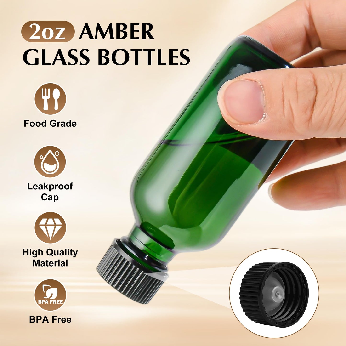 Exlvanto Small Glass Bottles with Lids Boston Round Shot Bottles for Health, Immunity, Ginger Juice, Essential Oils, Potion - Leak Proof Mini Travel Containers (Green UV, 2oz-24Pack)