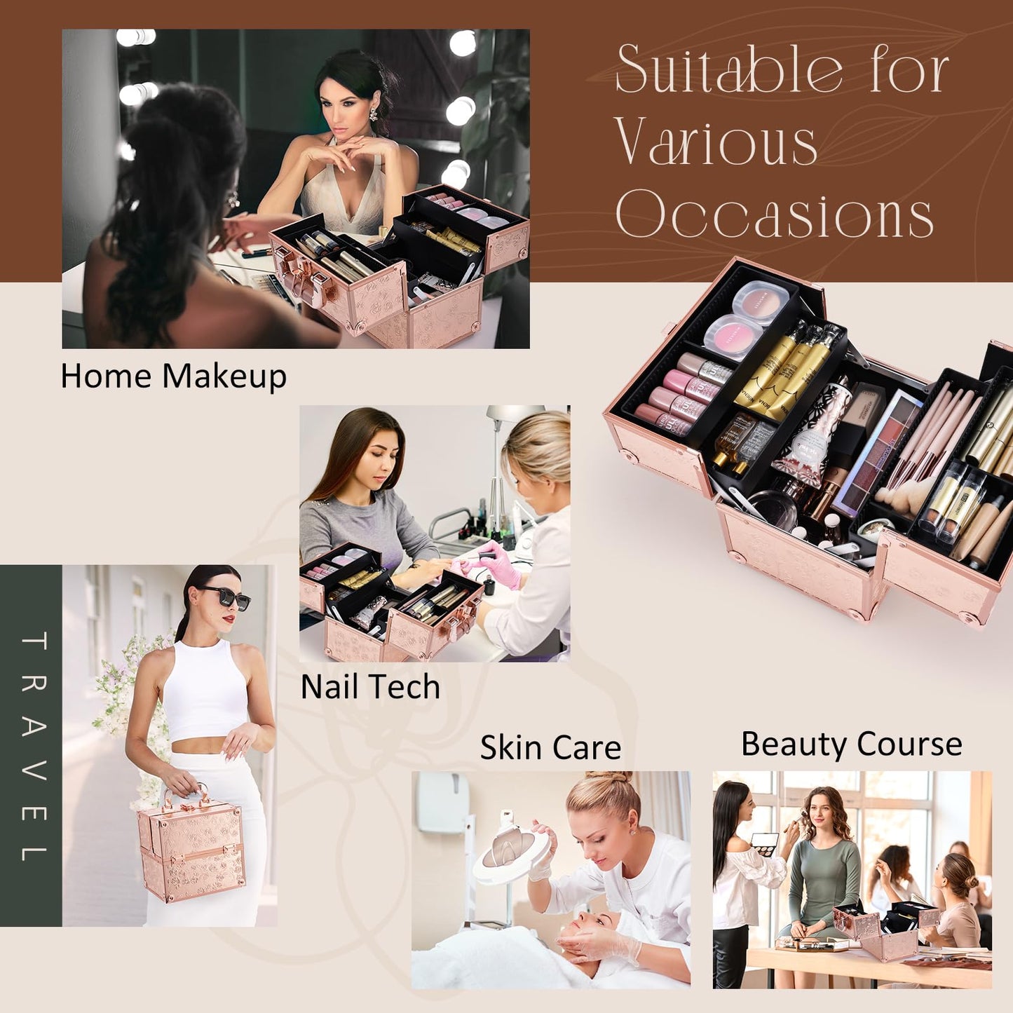 FRENESSA Makeup Train Case Cosmetic Box Portable Makeup Case Organizer 4 Trays Lock Travel Storage Organizer with Dividers Make Up Artist Vanity Hard Nail Spa Beauty Box Rose Gold Floral