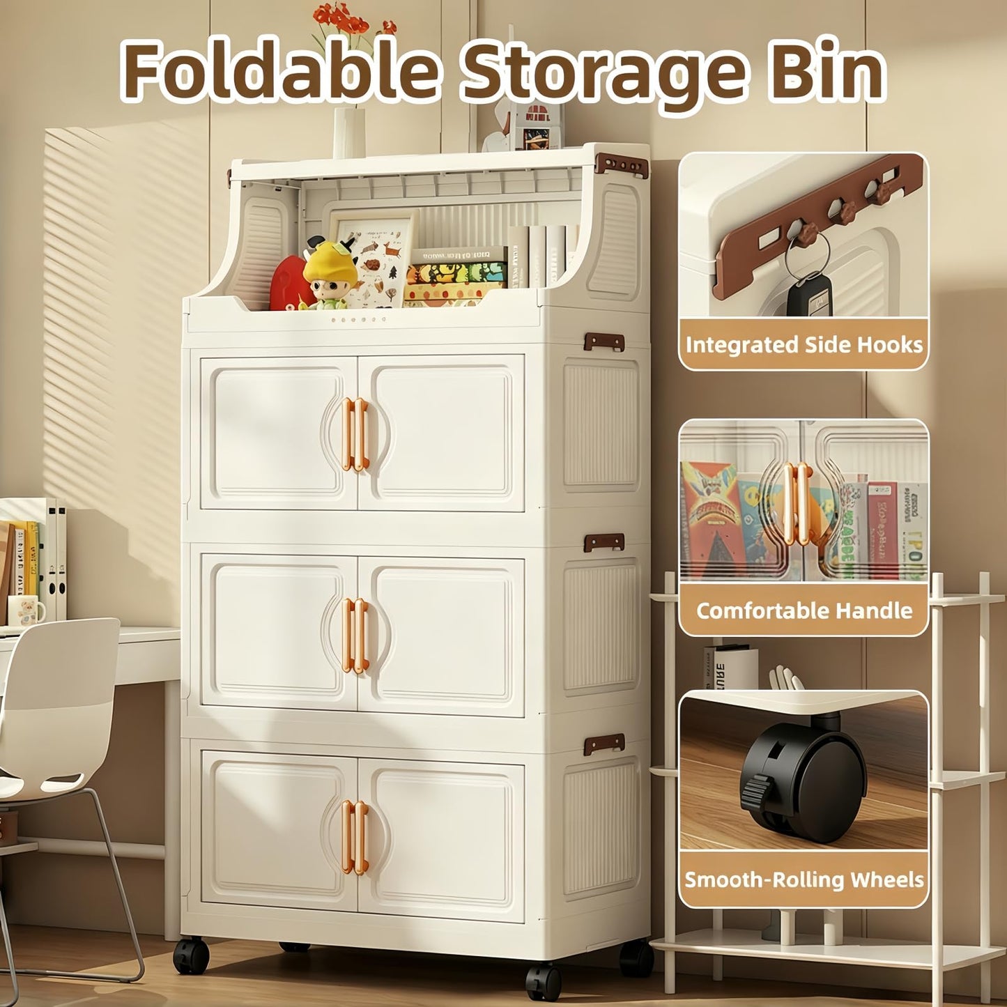 217QT Stackable Storage Bins with Lids & Rack, 5 Tier Large Capacity Foldable Storage Cabinet, Clear Collapsible Pantry Organizer for Home, Kitchen, Bathroom, Dorm, Office, White