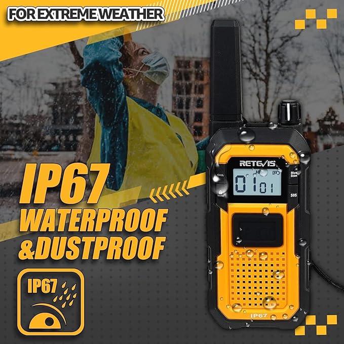 Retevis RB48 Walkie Talkies Long Range,MIL-STD 810H IP67 Waterproof Two Way Radios with Earpiece, Support VOX, Vibration Call, 2000mAh, NOAA, 2 Way Radio for Business(2 Pack)