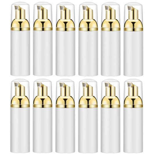 Lil Ray 2 Oz Empty White Foam Pump Bottle, Foamer Soap Dispenser for Lash Shampoo, Hand Soap, Foaming Cleaner(Gold Pump, 12 PCS)
