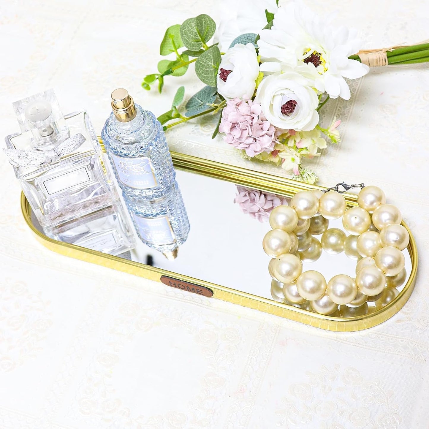 SEMSOIIO Gold Mirrored Vanity Tray, Small Oval Stainless Steel Perfume Organizer, Decorative Glass Mirror Tray for Jewelry, Makeup, Skincare, Bathroom Countertop & Nightstand Decor (11.8" x 3.9")