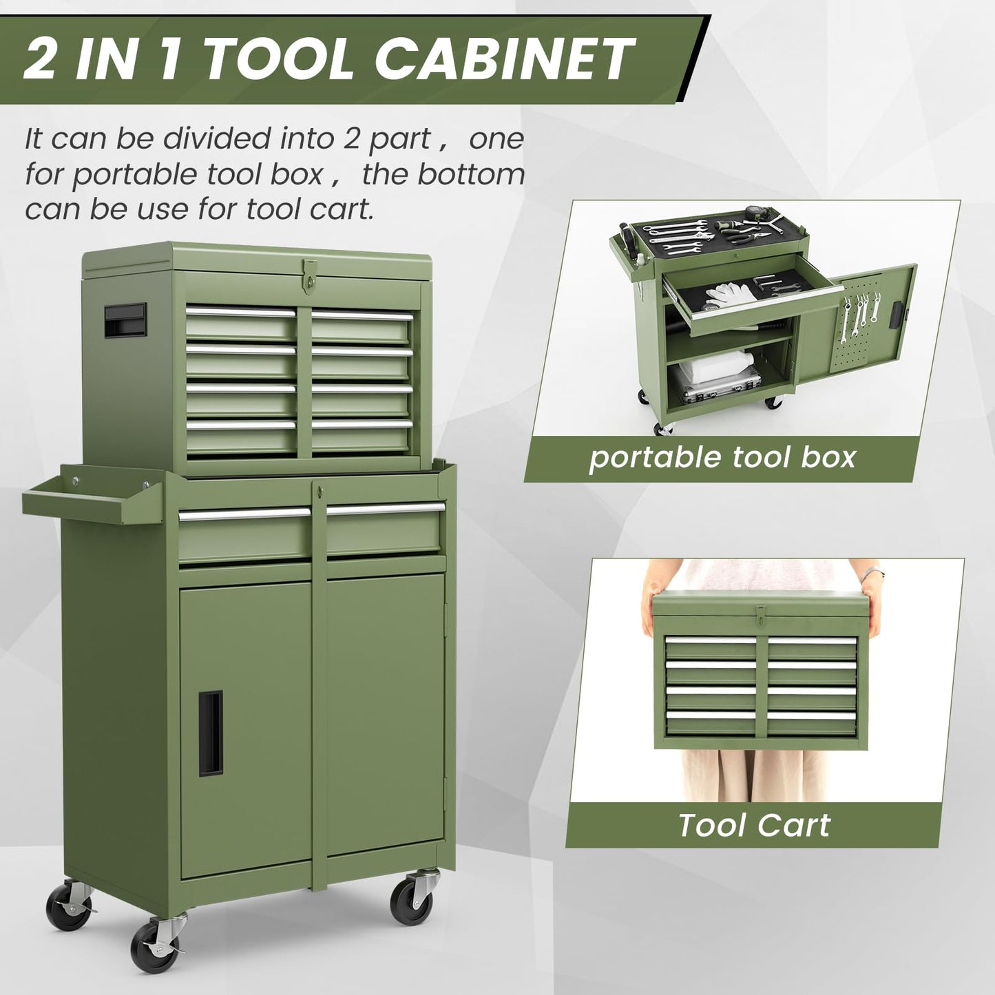 ERGOMASTER 5-Drawer Rolling Tool Cabinet with Detachable Top Toolbox, Lockable Wheels, Lock Bar, Protective Liner & Tool Rack, Metal Tool Storage Cart for Garage Workshop-Green