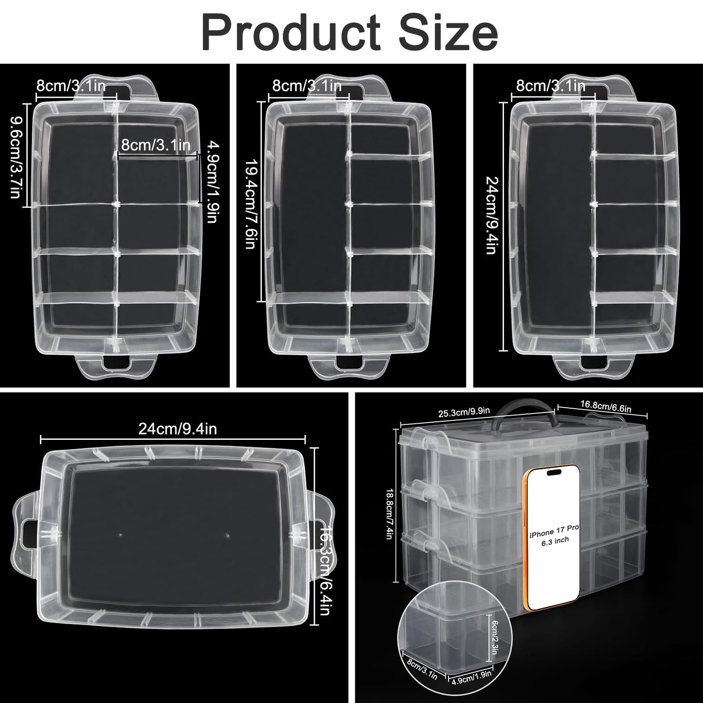 Guyuyii 3-Tier Stackable Bead Organizer with Adjustable Dividers and Handle