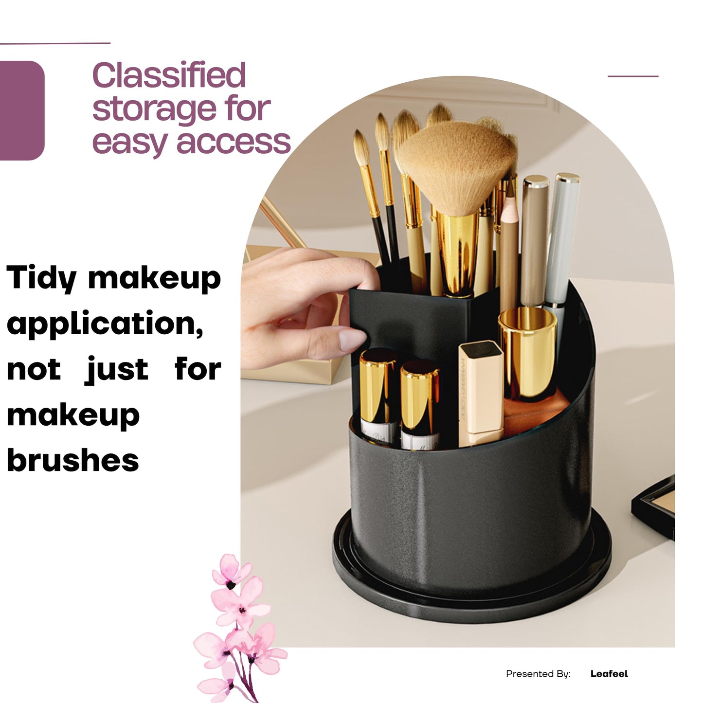 LEAFEEL LEFEEL Lumière Mini 360 Rotating Makeup Organizer with Lid, Diamond Cut Cosmetic Organizer - Dustproof Vanity Organizer for Makeup Brushes, Toothbrush & Bathroom Countertop （White