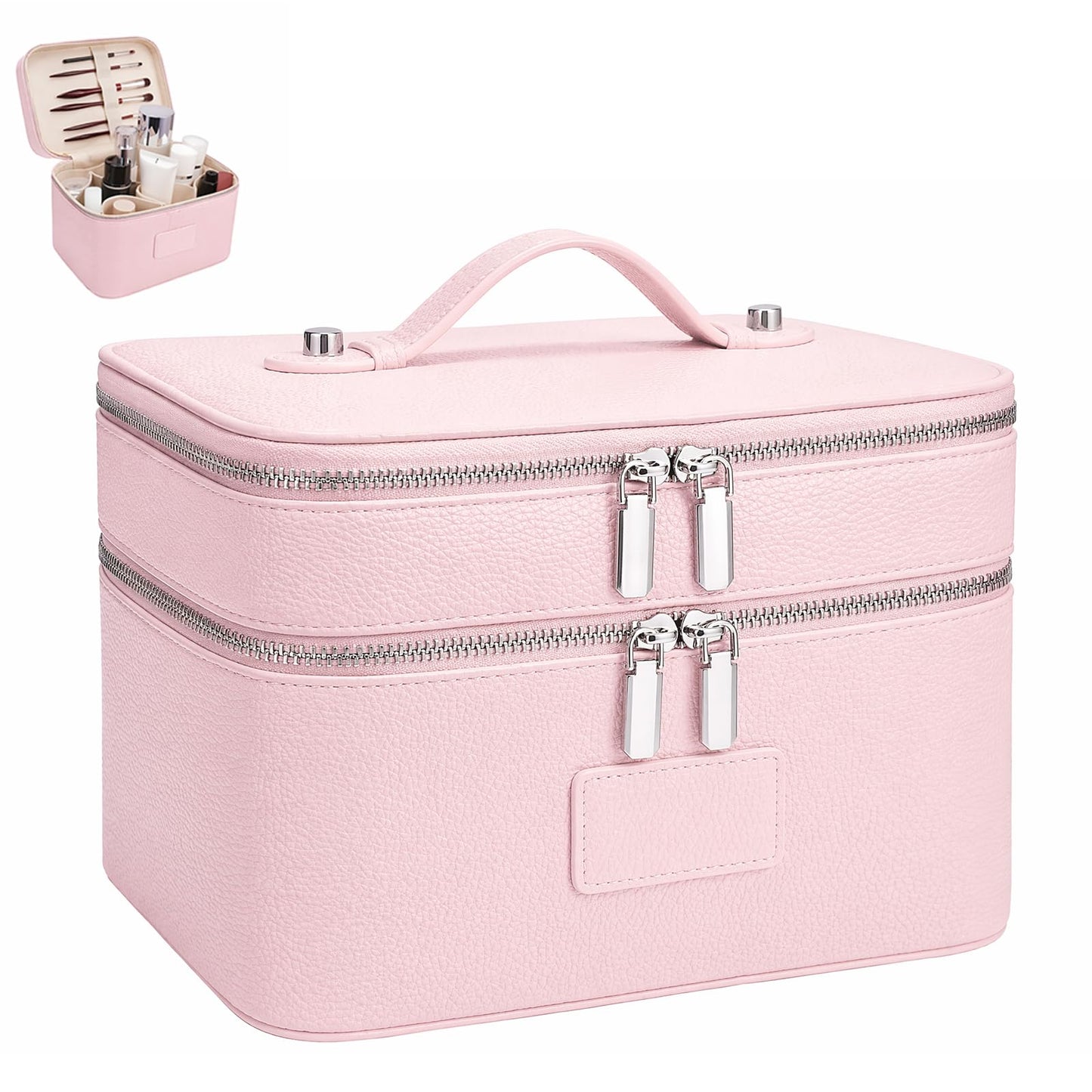 idoltimes Makeup Case,Leather Double Layer Makeup Bag Duo,Large Portable Travel Toiletry Case Cosmetic Organizer for Women