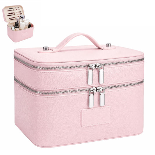 idoltimes Makeup Case,Leather Double Layer Makeup Bag Duo,Large Portable Travel Toiletry Case Cosmetic Organizer for Women