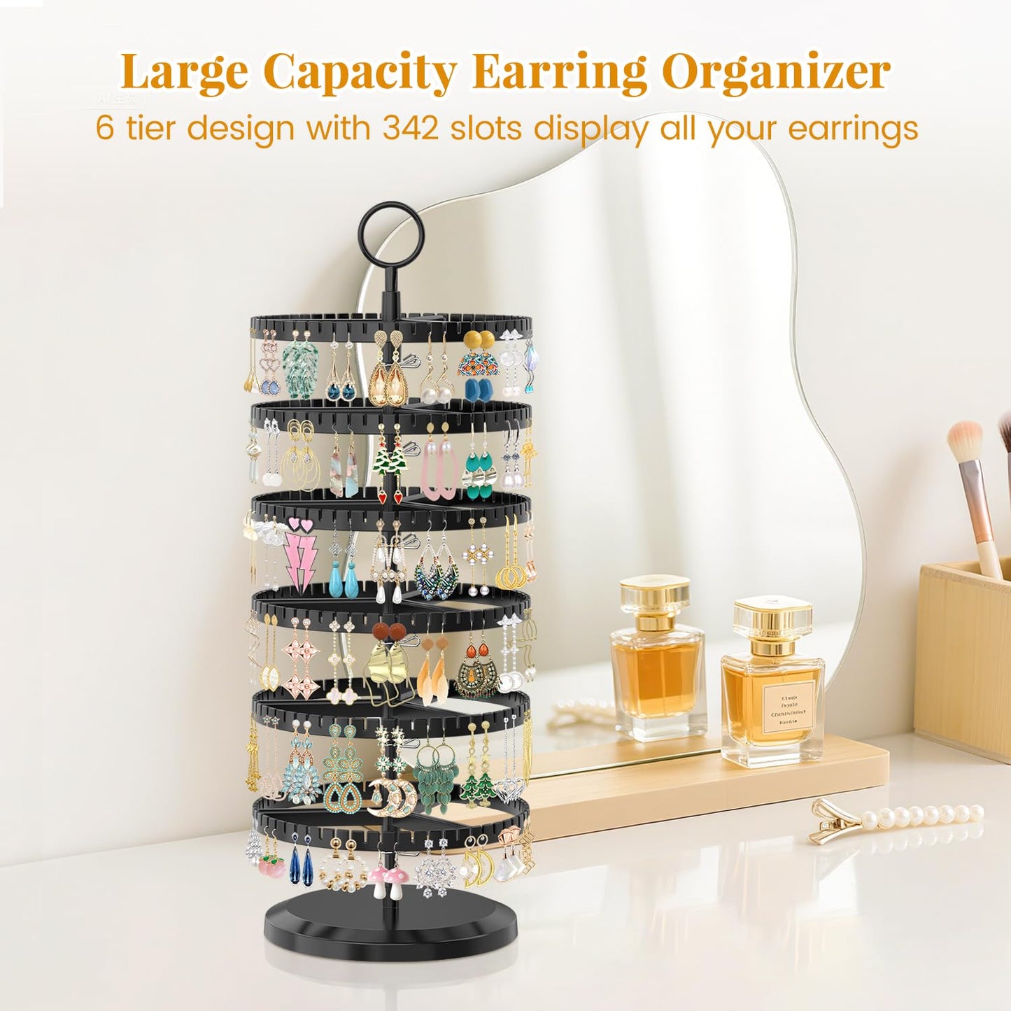 EsLuker.ly Earring Holder Organizer Rotating Stud Display Tree Rack with 342 U-Slots for Women Girls, Large Adjustable 6 Tier Plastic Storage Stand with Metal Tray for Pierced Hoop Post Earring, Black