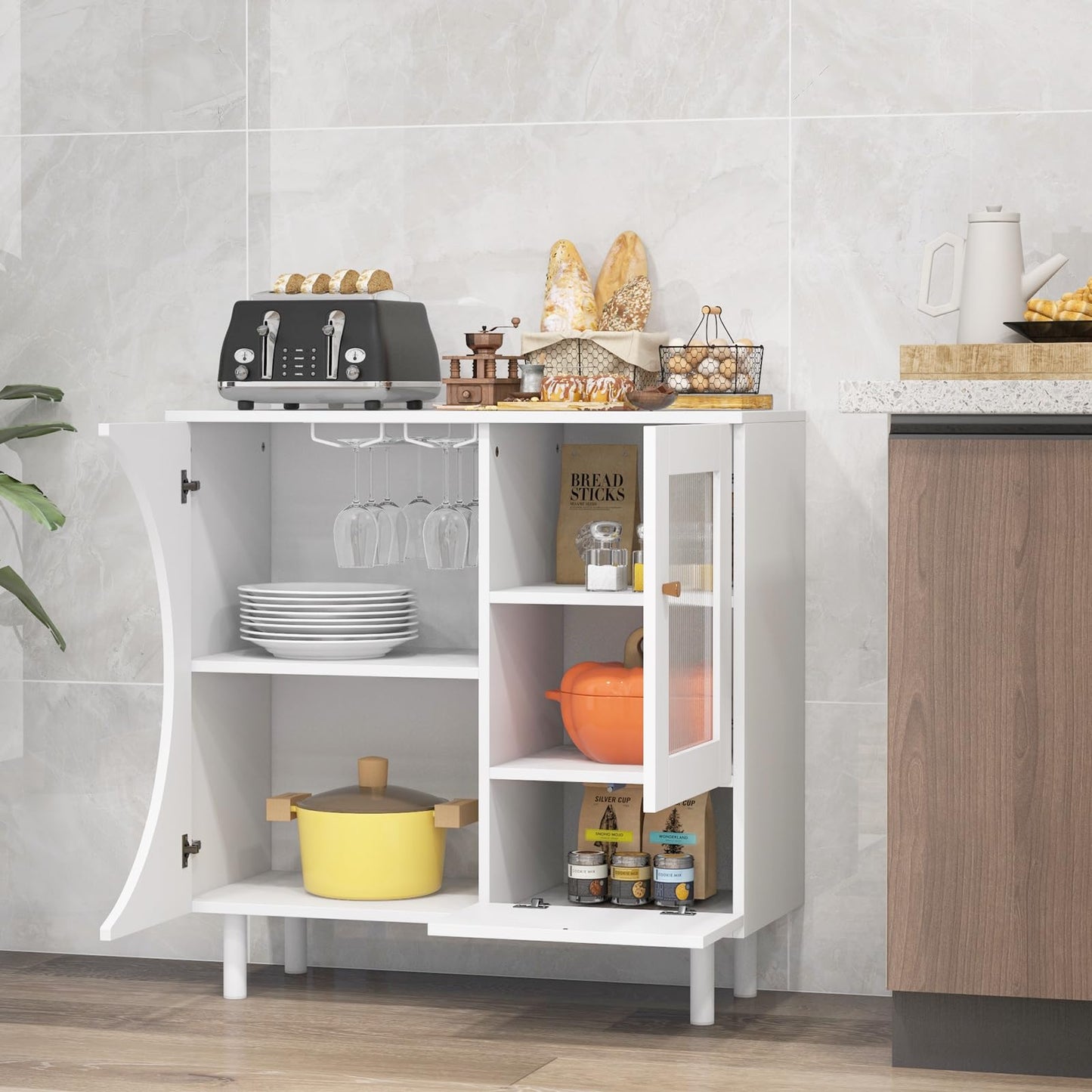 LOKO Buffet Cabinet with Storage, Wine Bar Cabinet with Glass Holder, Tempered Glass Door & Drawer, Modern Console Cabinet, Accent Floor Storage Cabinet for Kitchen, Living Room, White