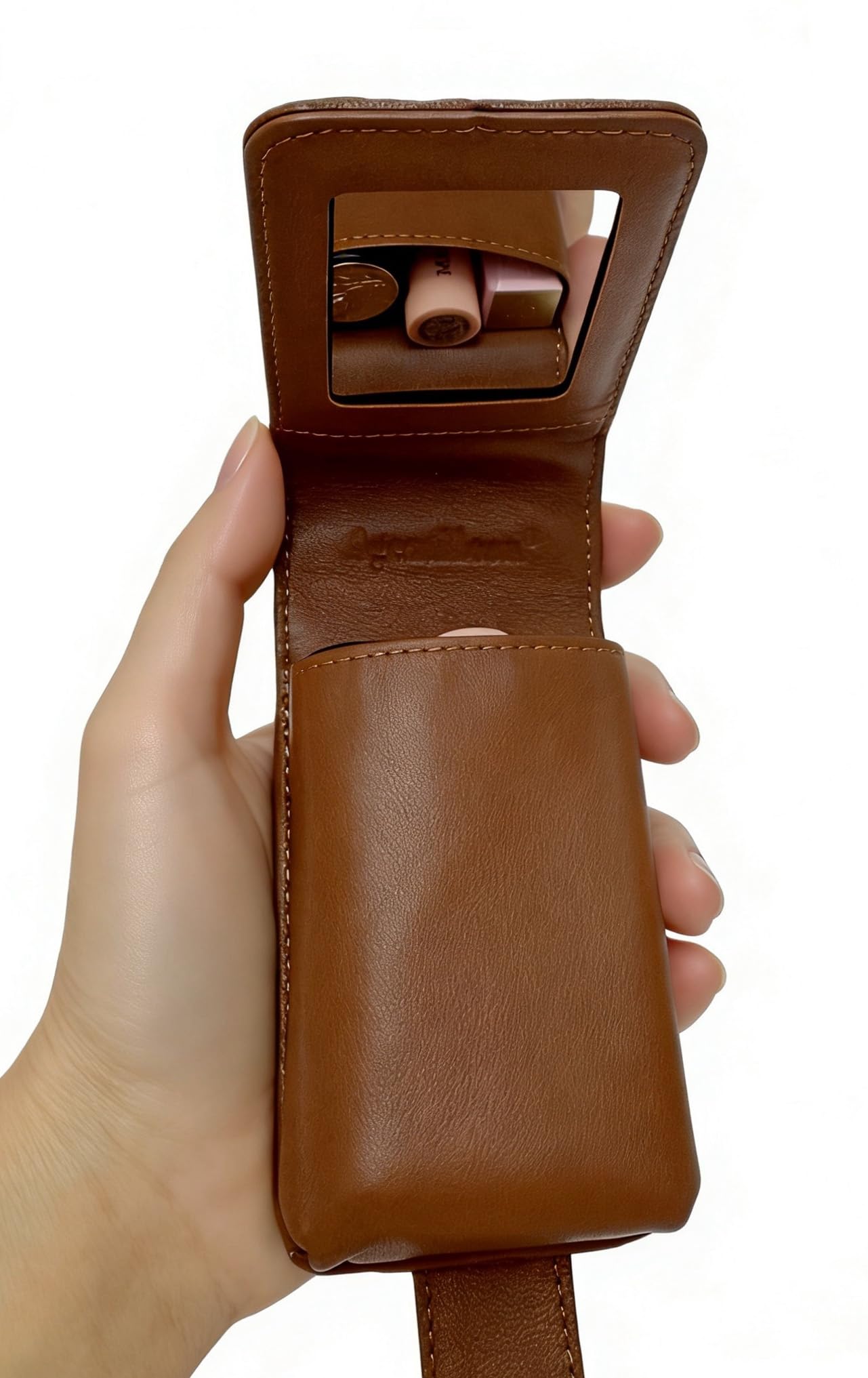 AgentMoon Luxury Handheld Lipstick Pouch with Mirror,Genuine Leather Lip Balm Case with Clamshell Magnetic Hidden Clasp and Hook for Chain.Portable Travel Cosmetic Case for Women.(Light Brown Woven)