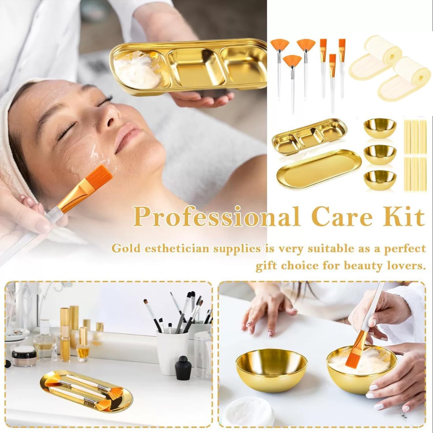 25 Pcs Esthetician Facial Supplies Set Stainless Steel Gold Mixing Bowls Silicone Brush,Fan Brushes Skincare Tray Serving Tray Compressed Sponges Spa Headbands for Women Mask Spa Body Skincare (Gold)