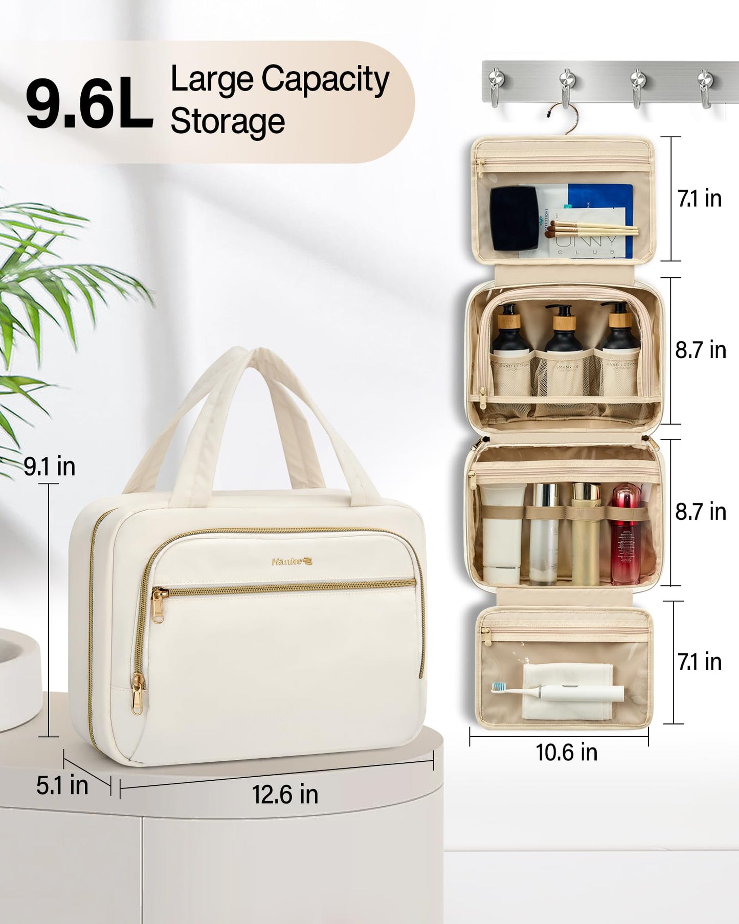 Hanke Hanging Travel Toiletry Bag for Women, Water-Resistant Makeup Organizer with Hook, Cosmetic Bag for Bathroom & Travel Essentials Accessories, Off White