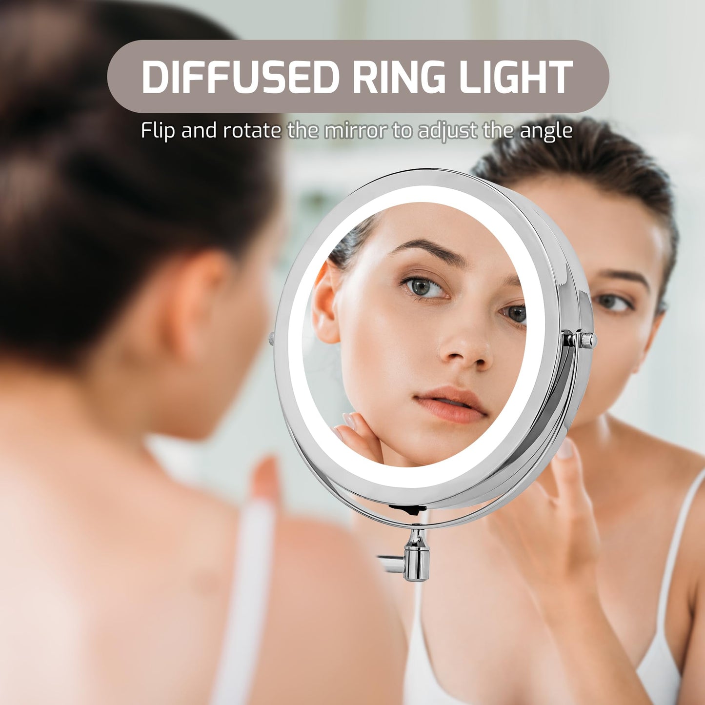 OVENTE Wall Mounted Lighted Makeup Mirror, 9" Double Sided 1X/10X Magnifying Vanity Mirror for Bathroom with LED Lights, Cordless, 360° Rotation and 13" Extendable Arm, Polished Chrome MFW85CH1X10X