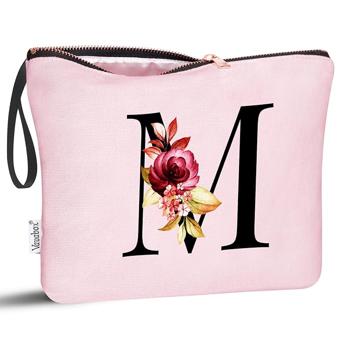 Vavabox A-Z Personalized Makeup Bag, Birthday Gifts for Women Mom, Gifts for Best Friend, Bride Bridesmaid Cosmetic bag (M, Pink)
