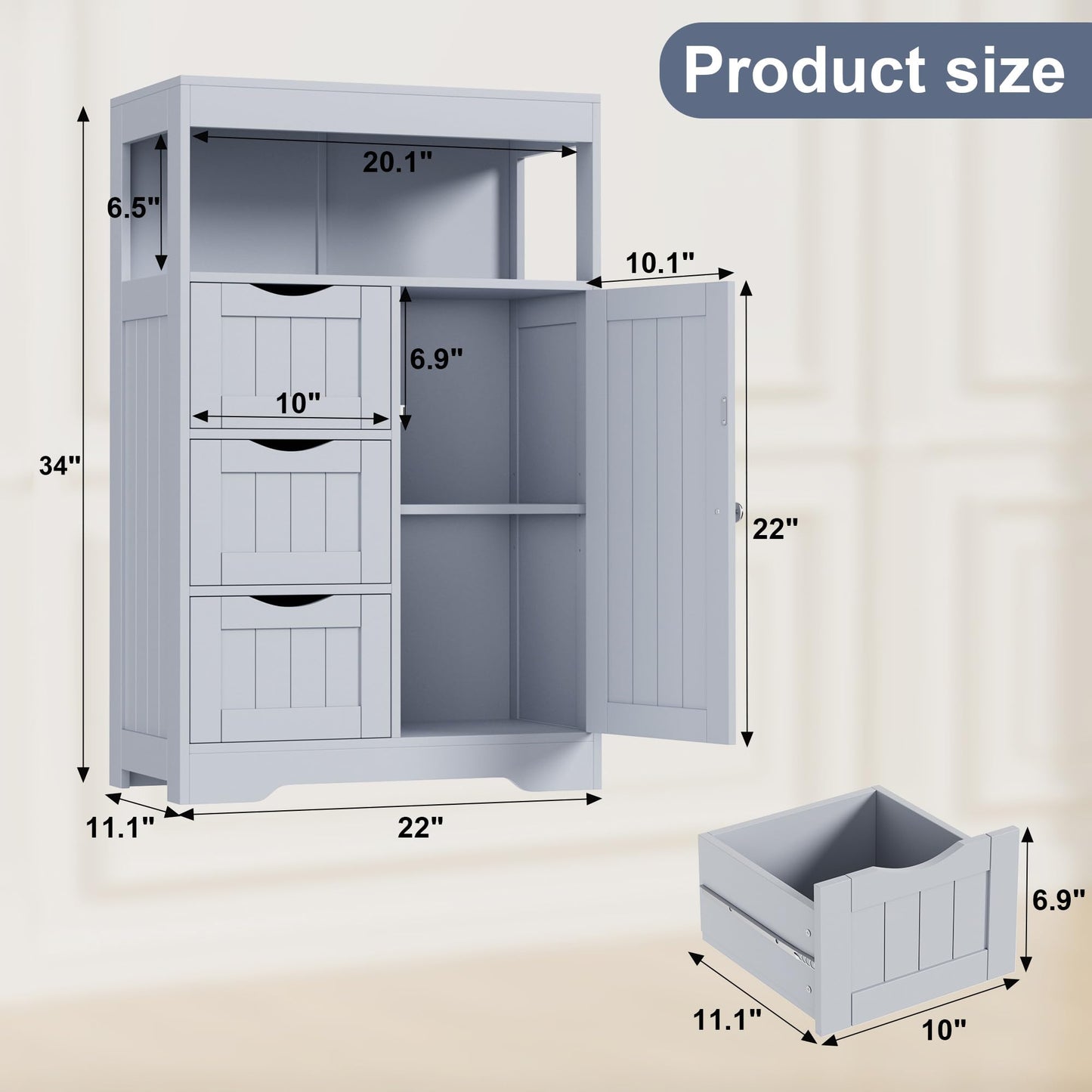 YESHOMY Bathroom Storage Cabinet Freestanding Floor Cupboard with 1 Door and 3 Drawers for Kitchen, Living Room, Gray