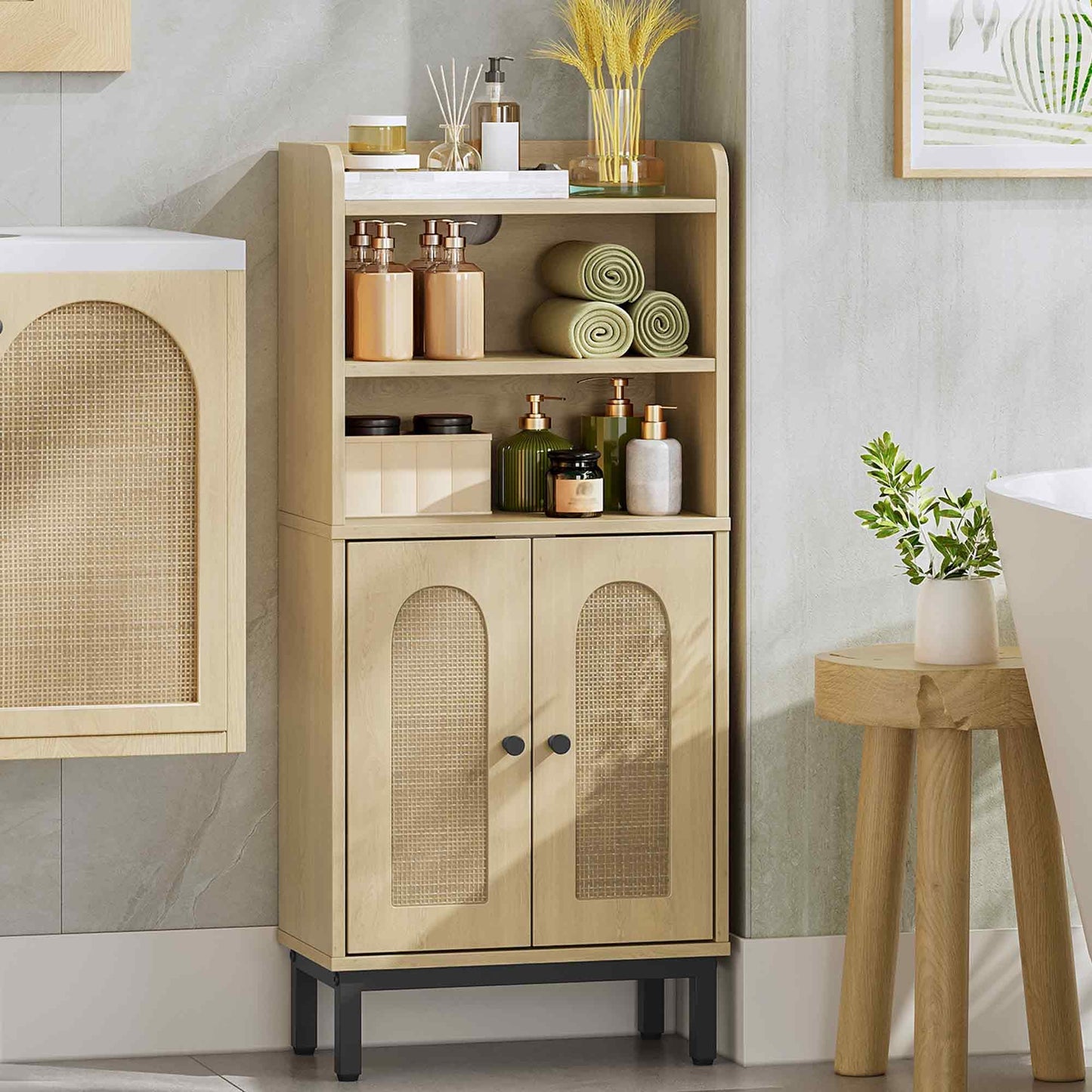 Hzuaneri Bathroom Storage Cabinet, Small Floor Cabinet with 2 Door and Shelves, Toilet Paper Cabinets, Bathroom Organizer with Adjustable Shelf, for Small Spaces Rattan Black 7.1" Dx14.6 Wx32.7 H
