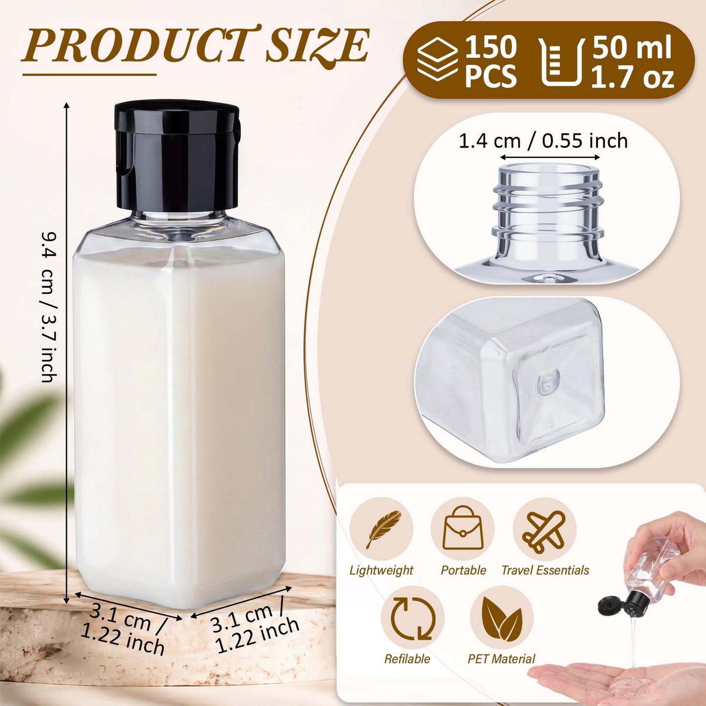 Mimorou 150 Pcs 2oz Travel Bottles Bulk Square Bottle for Toiletries Clear Small Travel Size Bottles Bulk Refillable Empty Containers for Shampoo Lotion Liquid Body Soap Cream Toiletries
