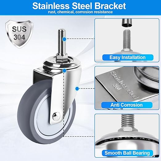 4 inch Stainless Steel Caster Wheels Heavy Duty, 3/8"-16x1 Threaded Stem Casters Set of 4, Rust Resistant, Non-Marking Slient TPR Rubber Wheels for Hospital, Lab, Furniture, Restaurants