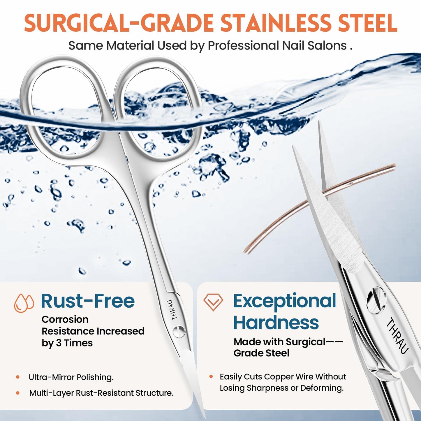 THRAU Right-Handed Cuticle Scissors – Surgical Grade Stainless Steel with Sharp Curved Tip for Cuticles, Nails, Eyebrows, Eyelashes, Nose Hair & Beard – Ideal for Manicure & Precise Grooming