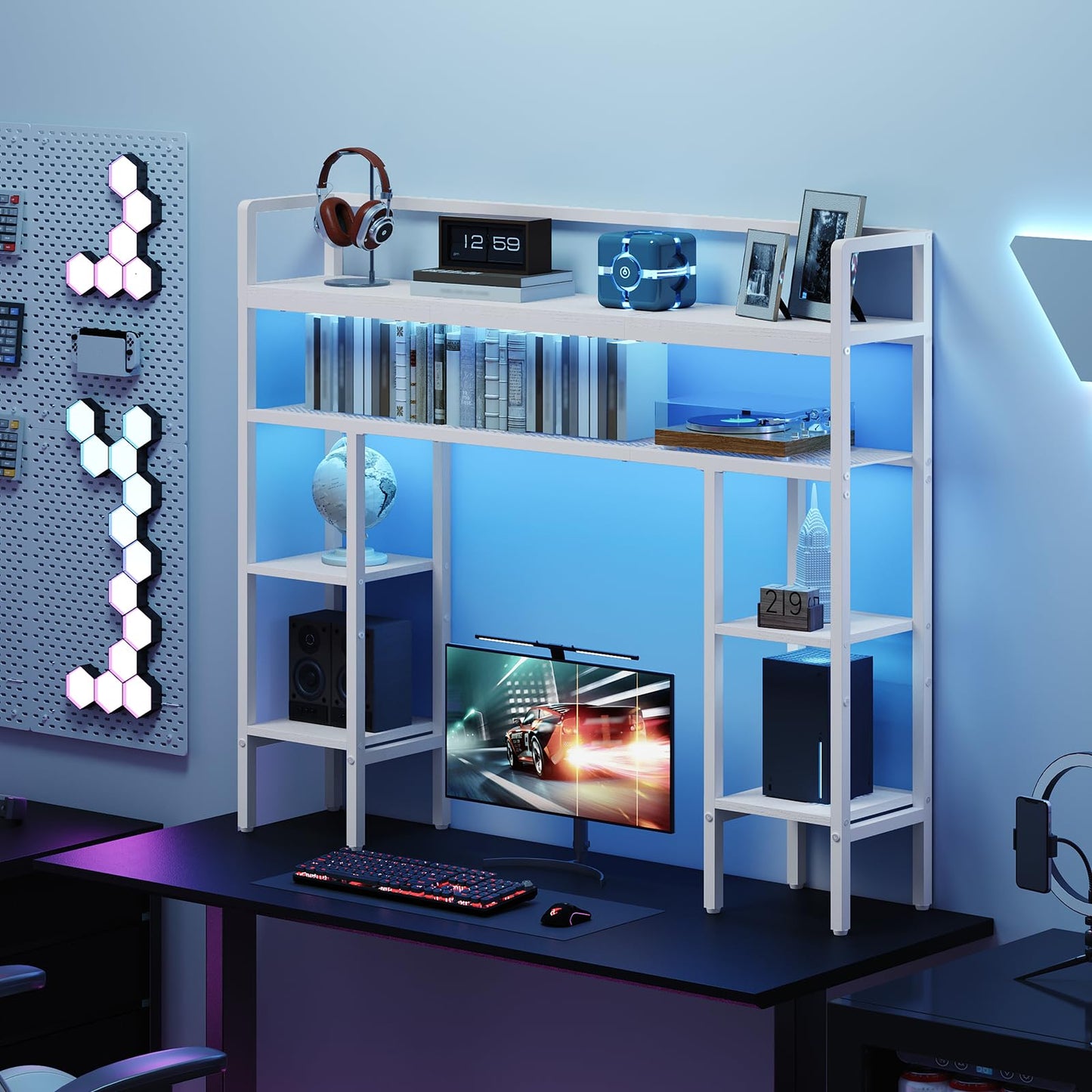 MAHANCRIS Desk Shelf, 43.3" Desk Hutch with Light Strip, Office Desktop Organizer, 5 Tier Desktop Bookshelf for Computer Monitor, Storage Rack for Study, Home Office, White DSWT9801