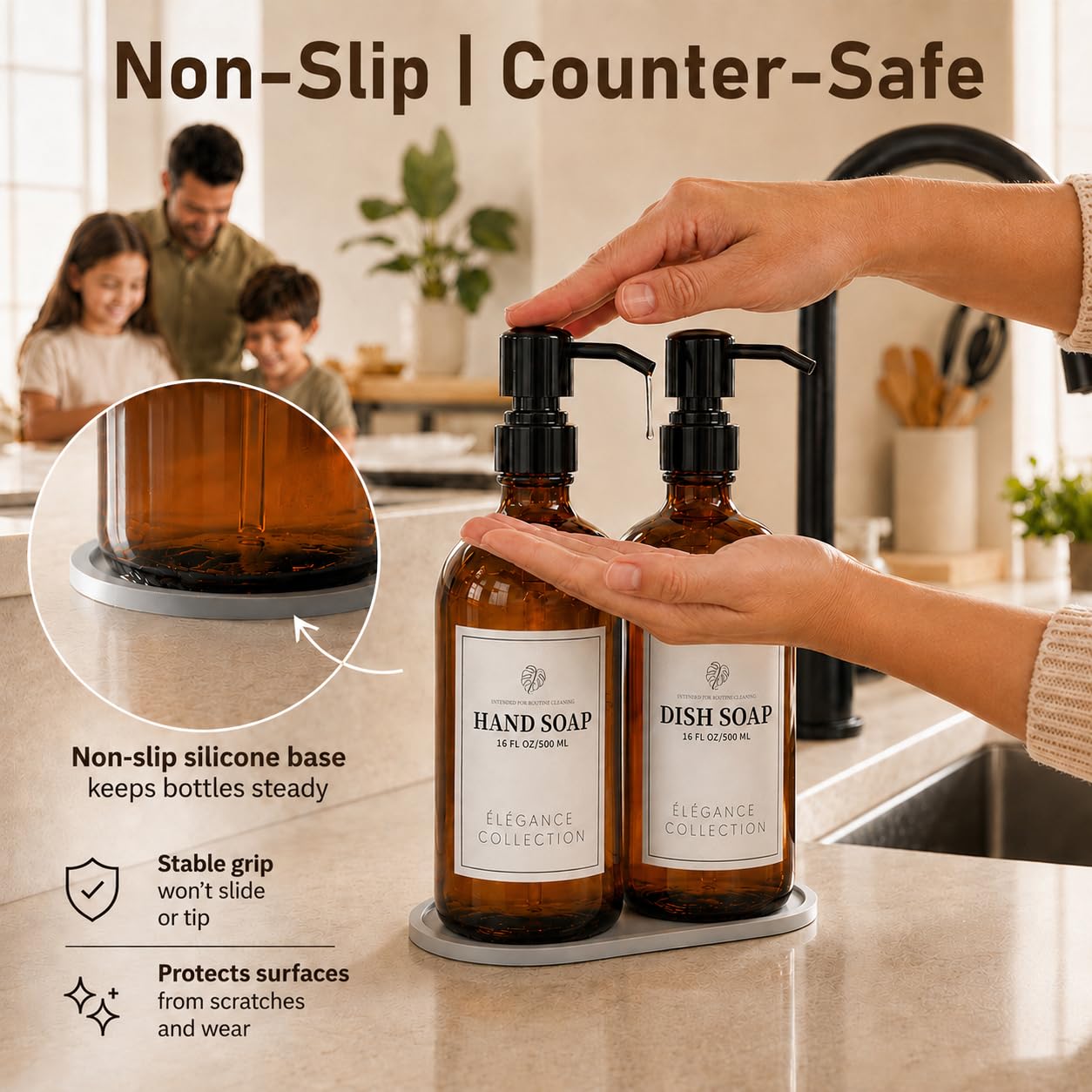 Fachixy Amber Glass Soap Dispenser (2 Pack), 16 Fl Oz Hand & Dish Soap Dispenser Bottles Set with Leak-Resistant Stainless Steel Pump, Non-Slip Pad, 14 Waterproof Labels for Kitchen and Bathroom