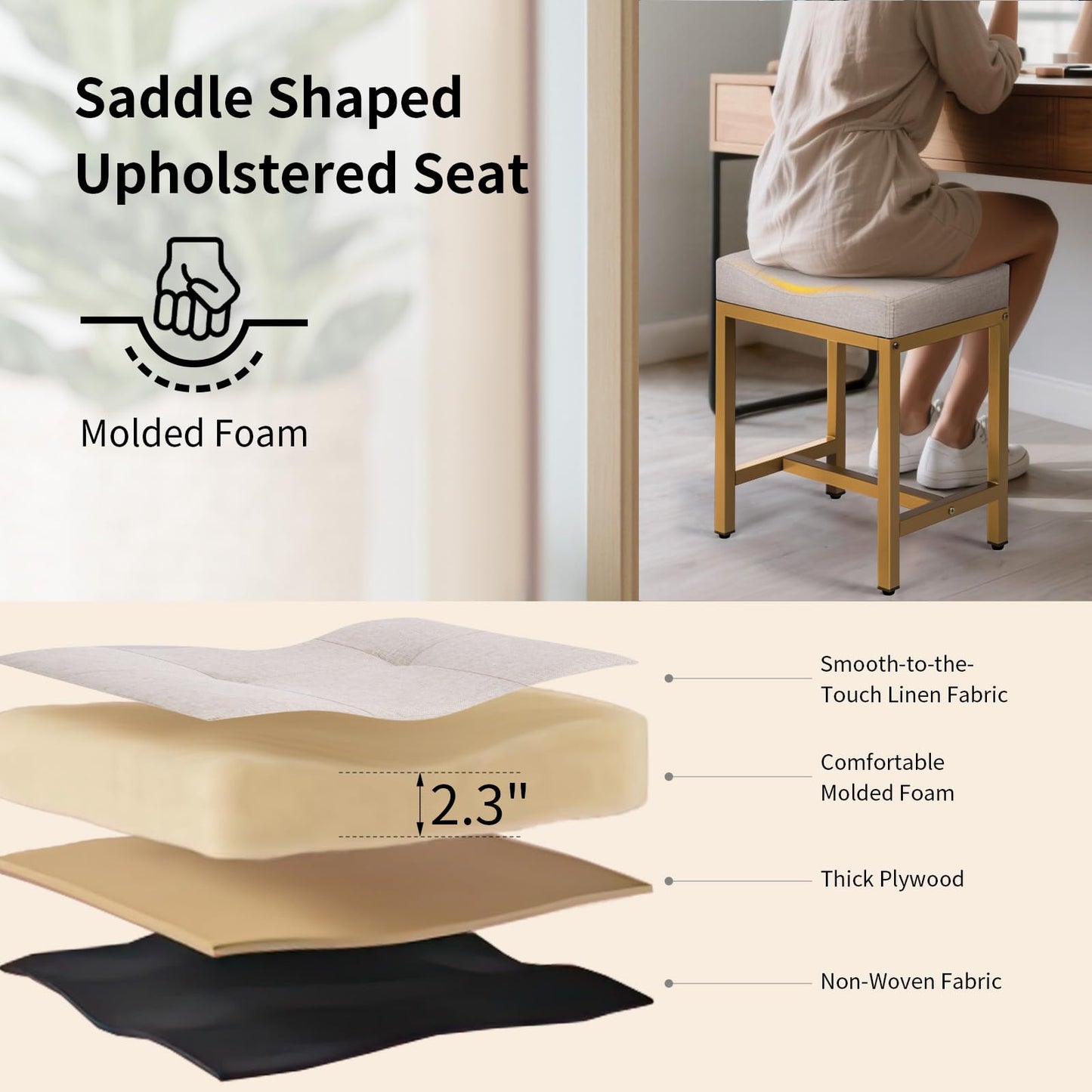 FLYZC Saddle Seat Vanity Stool, Makeup Stool Chair with Metal Leg, U-Shaped Ottoman Foot Rest, Small Square Chairs Under Desk for Vanity, Living Room, Modern Makeup Bench Linen Light Brown&Gold