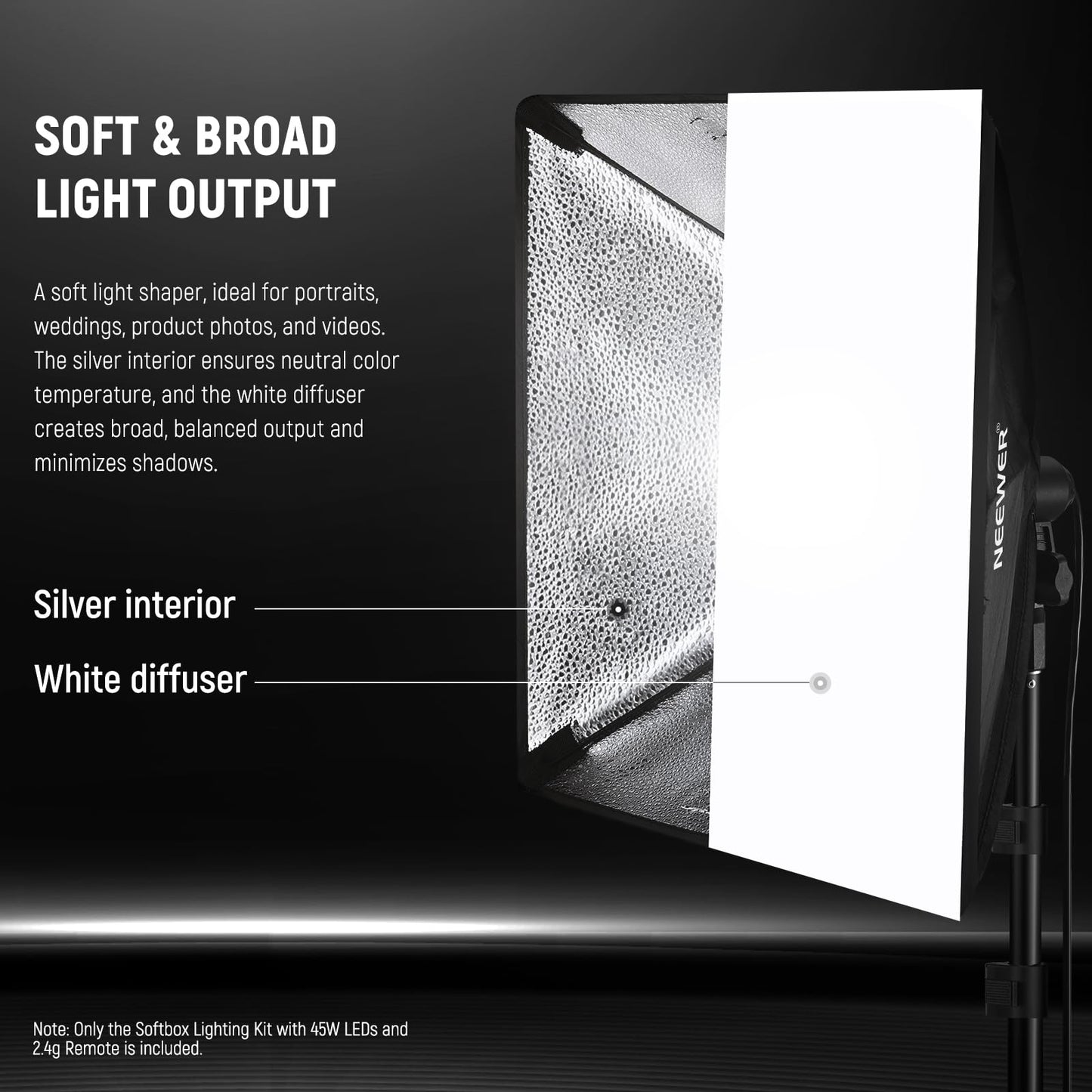 NEEWER 2Pcs 24"x24" 900W Equivalent Softbox Lighting Kit with Tripod Stands, 45W Bi Color 2.4G LED Bulbs, Remote, 10 Channels 2900K-7000K 1400lx/m CRI95, Photography Continuous Lighting Kit, NK103