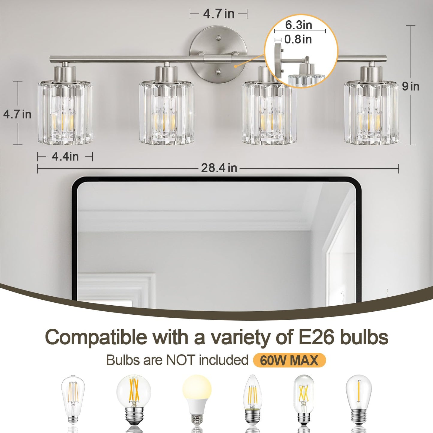 Kvhiiw Crystal Bathroom Light Fixtures, Bathroom Lighting Fixtures Over Mirror, Modern 4-Light Brushed Nickel Vanity Lights for Mirror, Restroom, Kitchen(Ceramic E26 Socket,Bulbs Not Include)