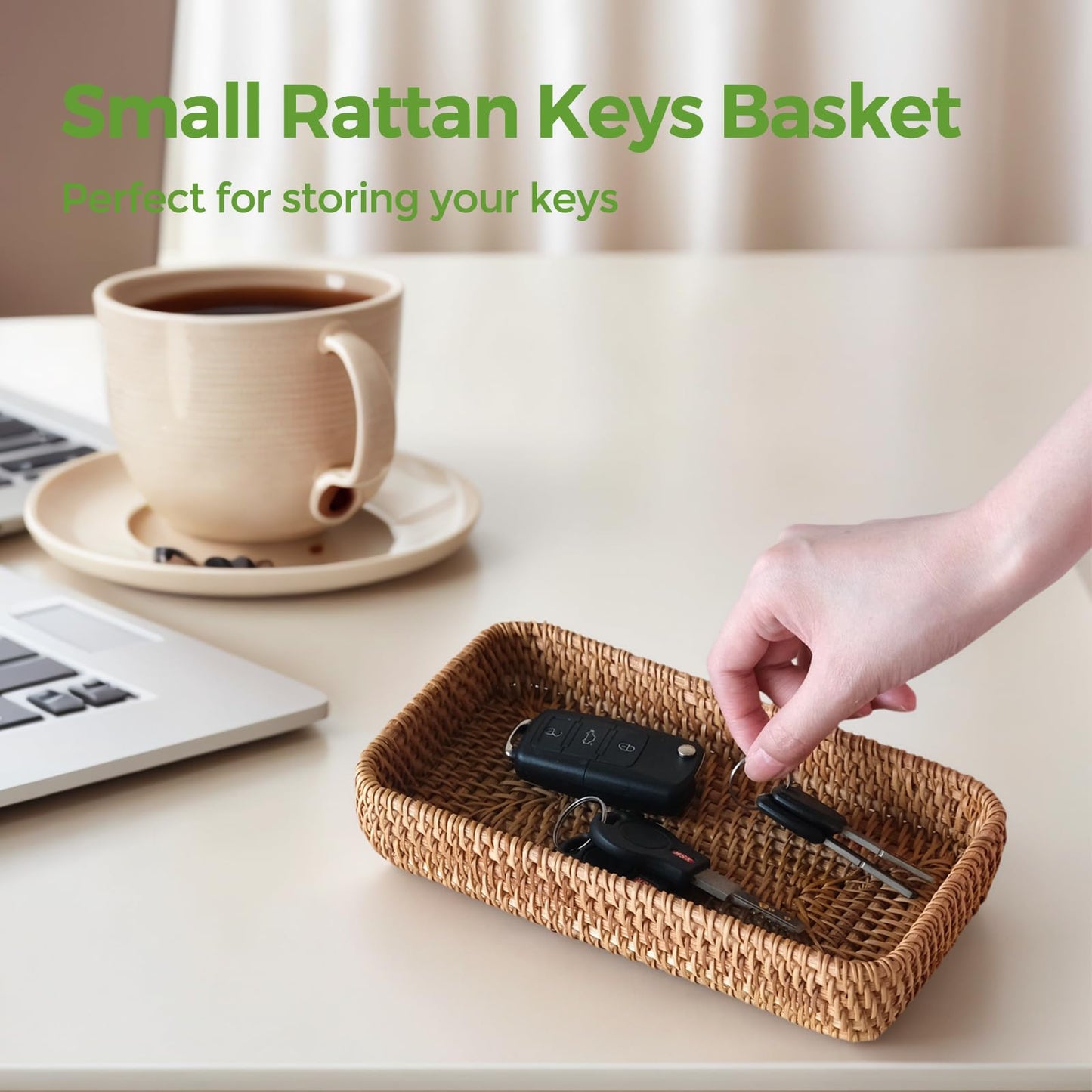 2 Pack Small Rattan Serving Tray, Natural Wicker Decorative Tray Handwoven for Keys Trinkets Rings Cosmetics, Decorative Jewelry Perfume Tray for Coffee Table Entryway Living Room(8.2" × 4.3")