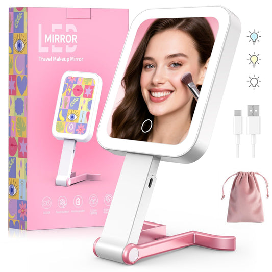Fshyos Travel Makeup Mirror with Lights 10X/1X Double-Sided Magnifying LED Beauty Mirror Rechargeable Portable Vanity Mirror with 3 Color Lighting Smart Touch Dimming Desktop Handheld Hanging (Pink)