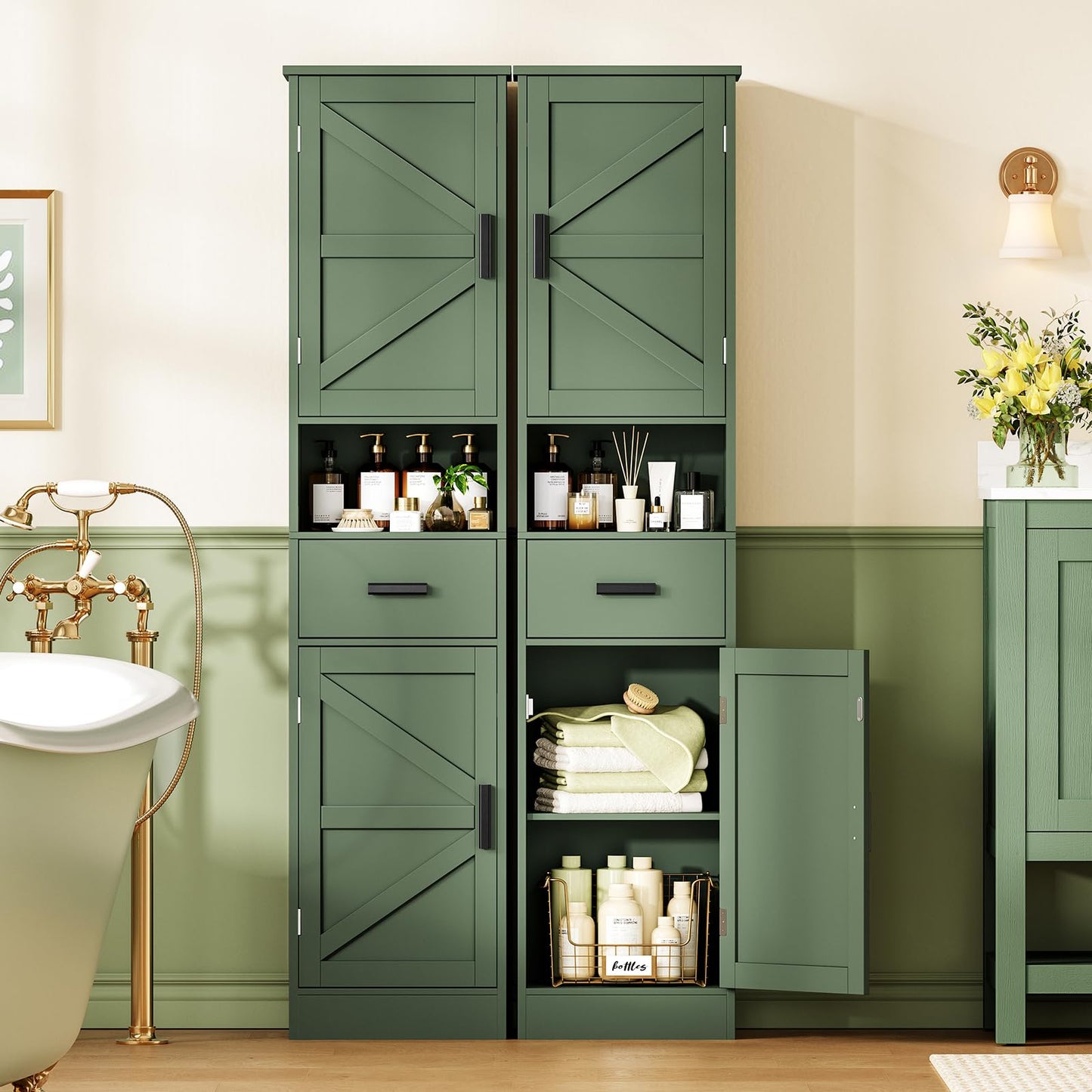TEENFON 67" H Tall Bathroom Storage Cabinet with Barn Doors and Drawer, Narrow Bathroom Cabinet, Narrow Storage Unit, Adjustable Shelves, Floor Cabinets for Living Room, Forest Green