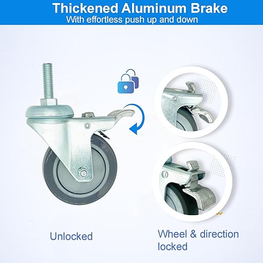 4 inch Swivel Caster Wheels Heavy Duty with Aluminum Brake, 3/8"-16x1 Threaded Stem Casters Set of 4, Polyurethane Grey PU Wheels for Hospital, Lab, Furnitures,Restaurant